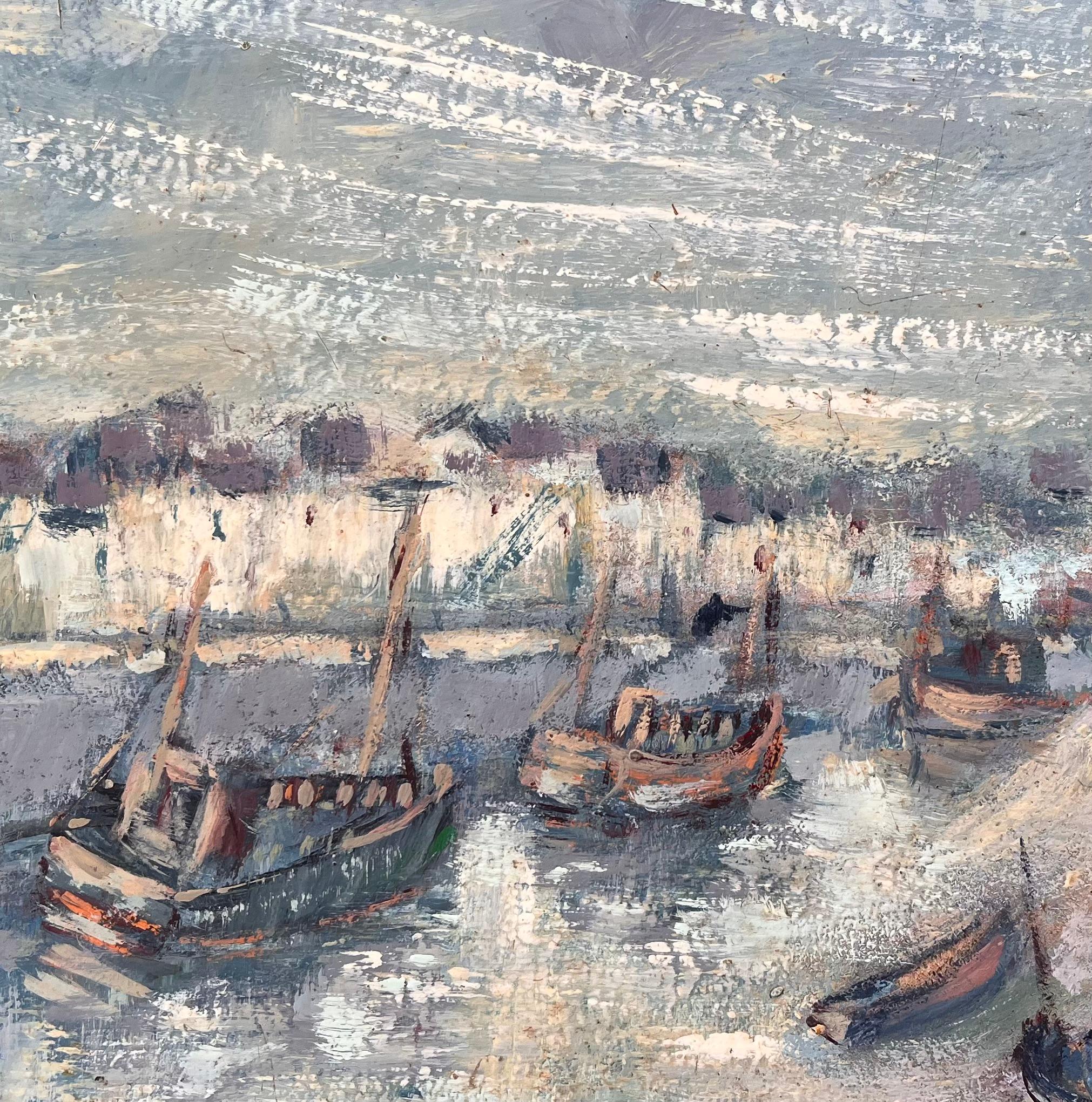 Französisches impressionistisches Ölgemälde von Fischerbooten in Port en Bessin, Normandie, Französisch im Angebot 2