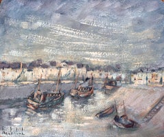 French Impressionist Oil Painting of Fishing Boats in Port en Bessin Normandy