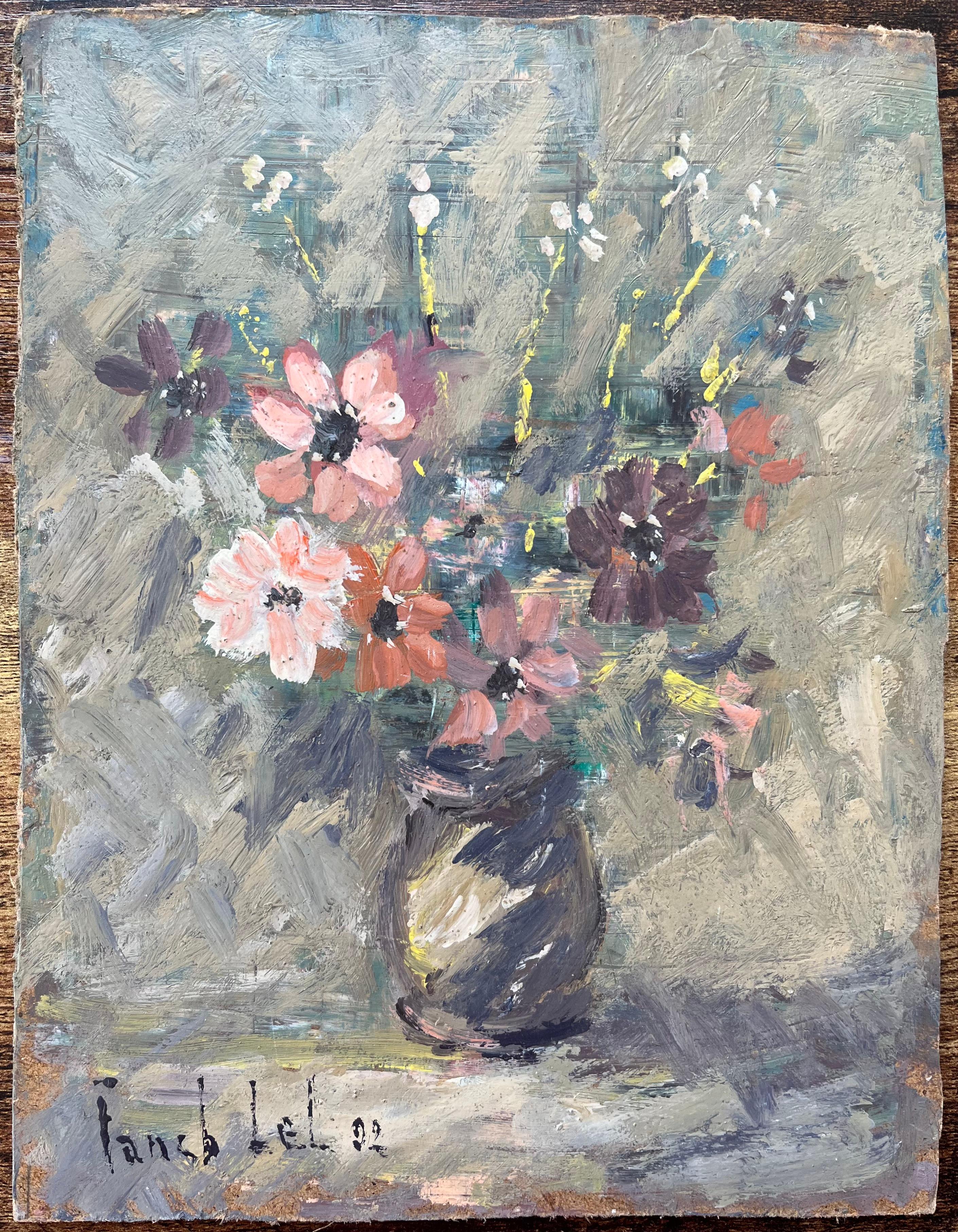 French Impressionist Oil Painting of Floral Still Life in Earthen Vase - Gray Figurative Painting by Fanch Lel