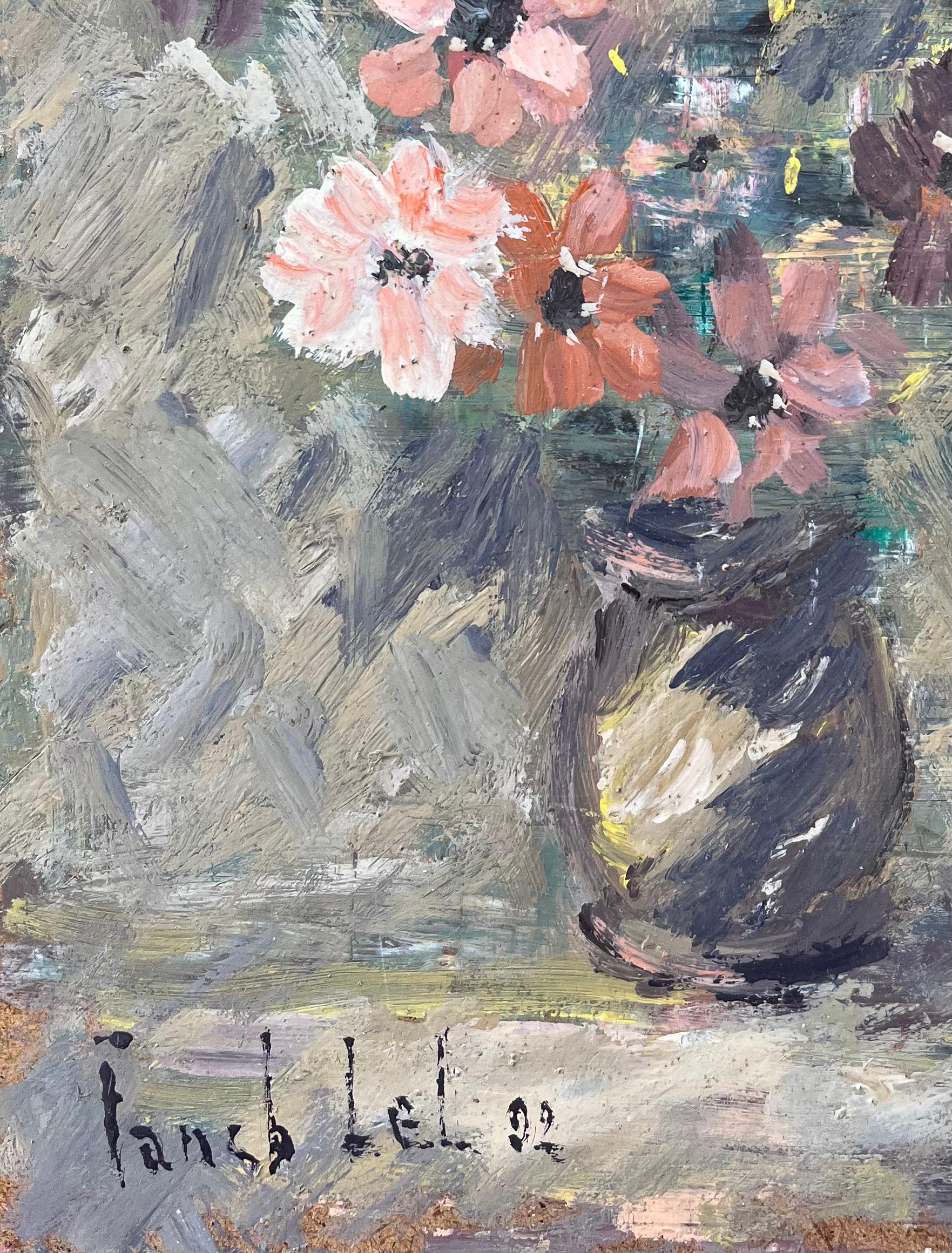 French Impressionist Oil Painting of Floral Still Life in Earthen Vase For Sale 2