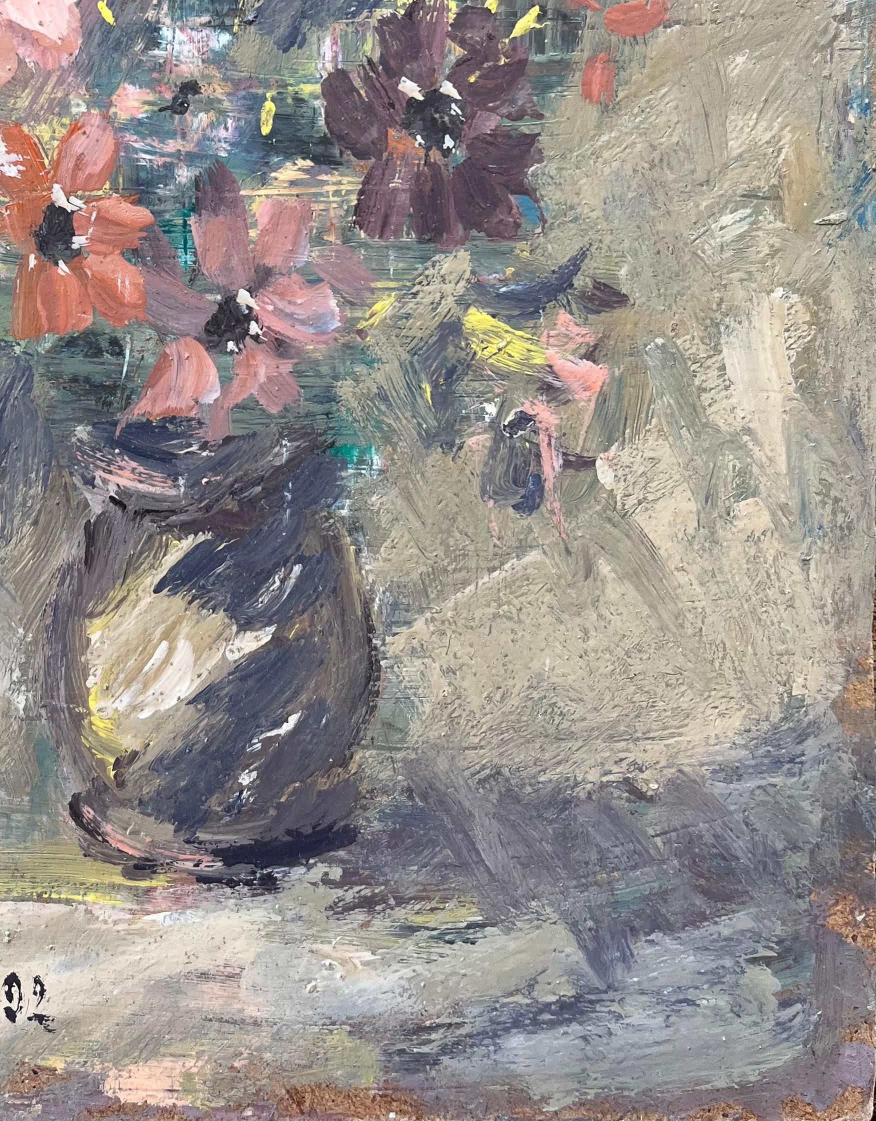 French Impressionist Oil Painting of Floral Still Life in Earthen Vase For Sale 3