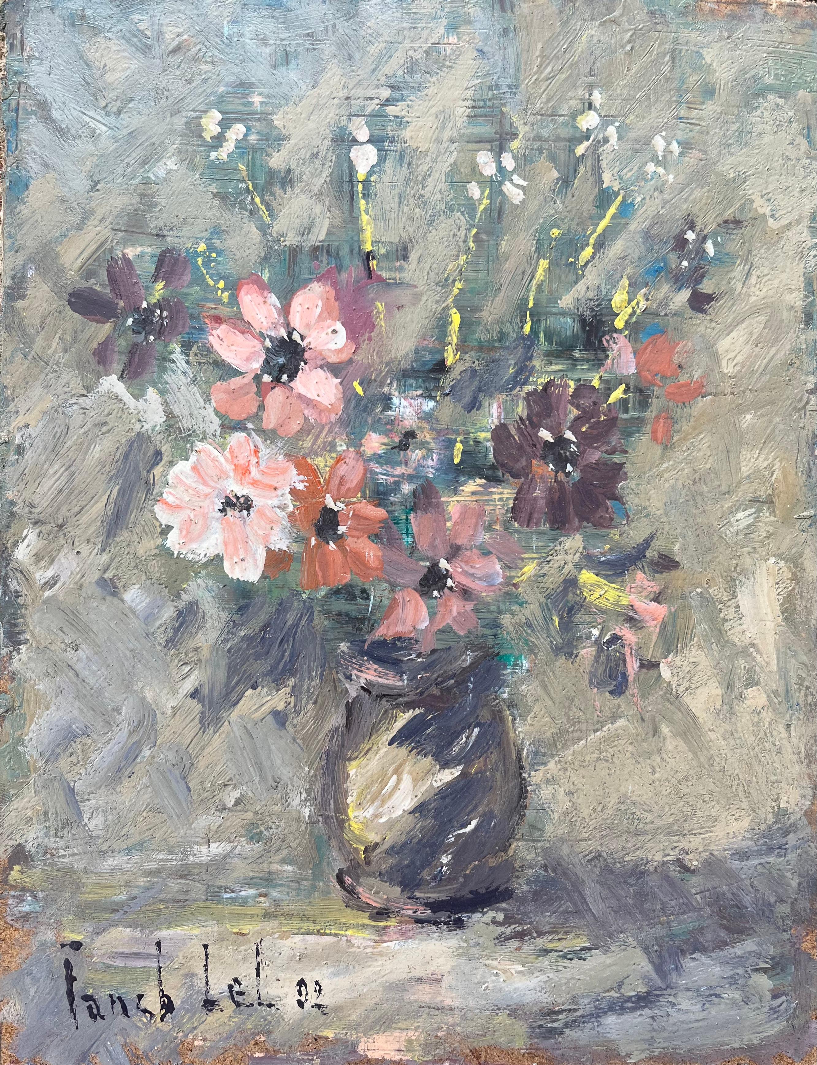 Fanch Lel Figurative Painting - French Impressionist Oil Painting of Floral Still Life in Earthen Vase