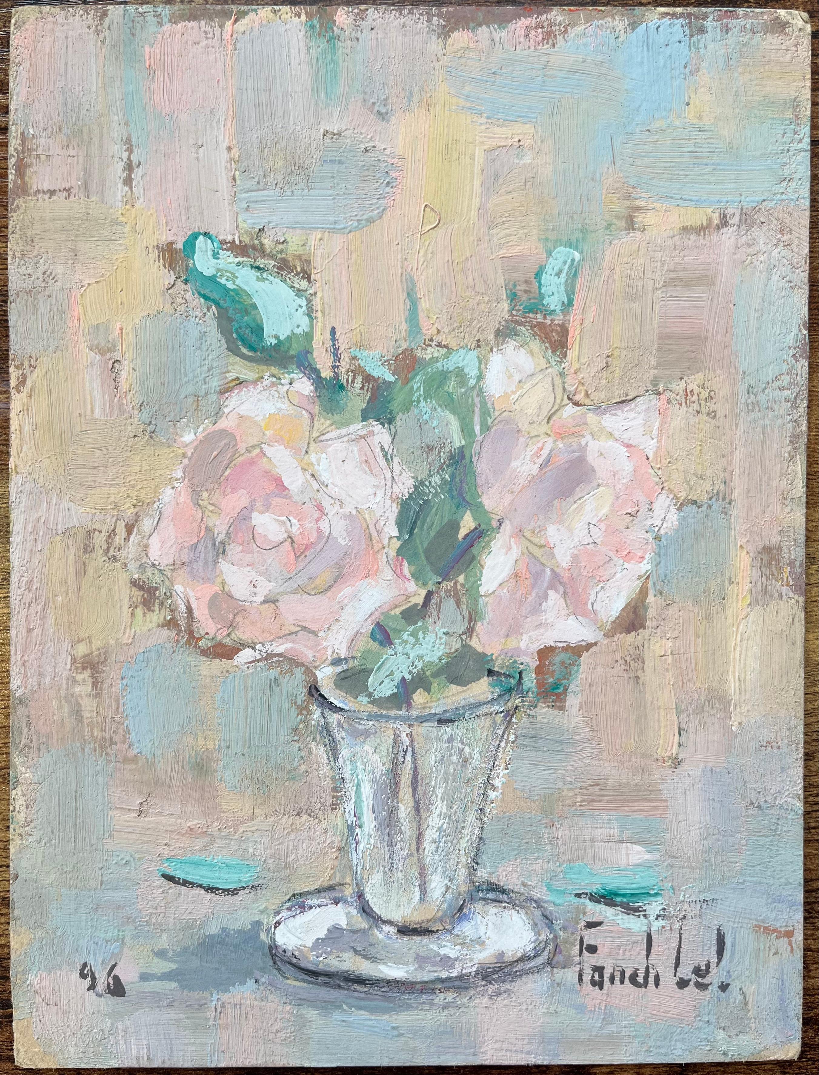 French Impressionist Oil Painting of Flowers in a Glass Vase - Gray Landscape Painting by Fanch Lel