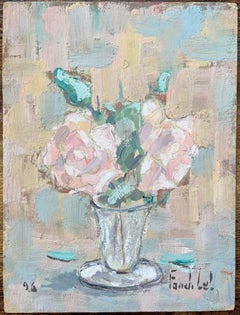 Quadro a olio impressionista francese con fiori in un vaso di vetro