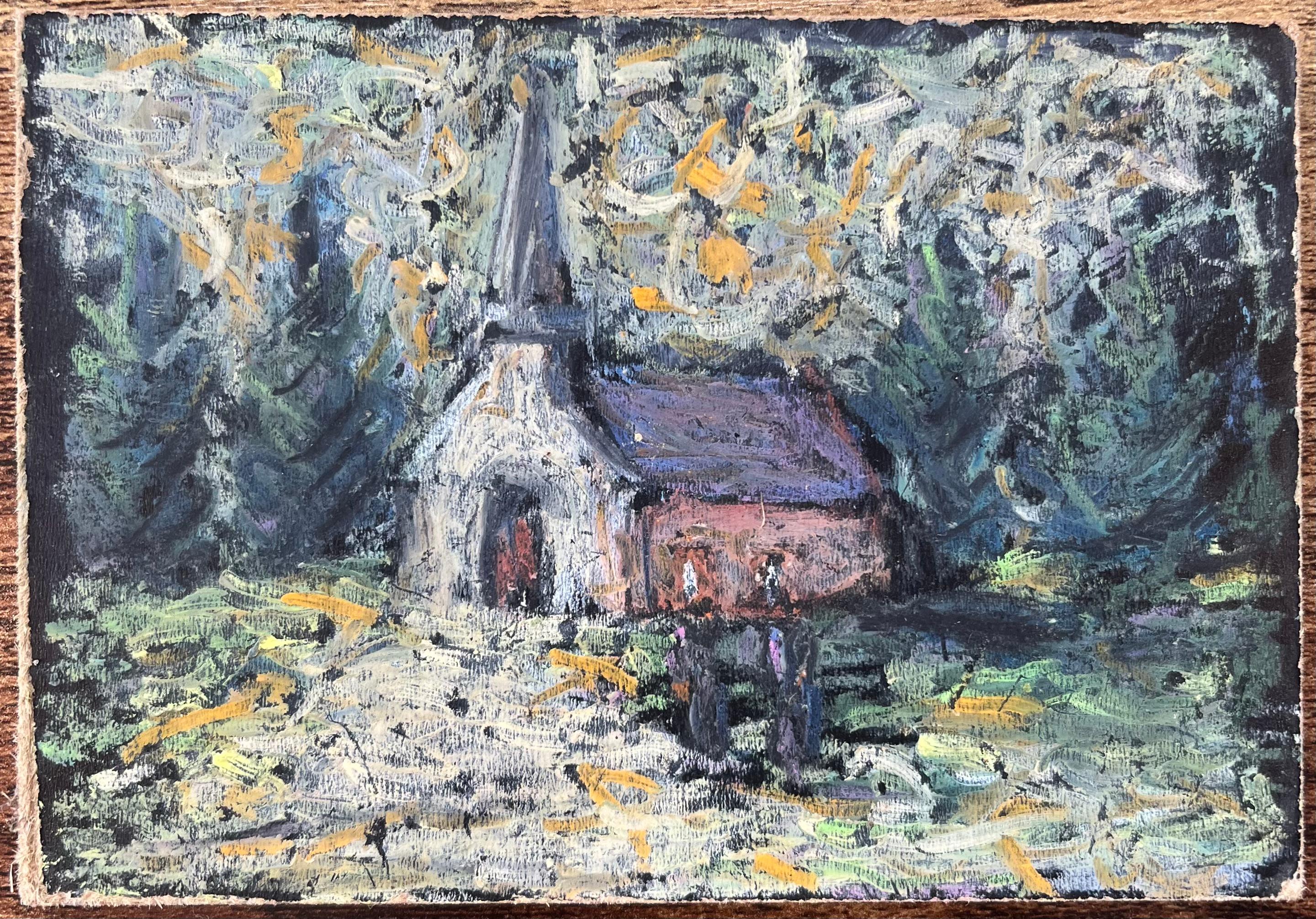 French Impressionist Oil Painting of French Chapel in a Forested Landscape - Gray Figurative Painting by Fanch Lel