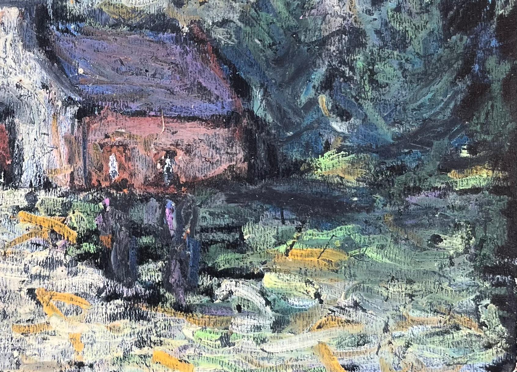 Title: French Impressionist Oil Painting of French Chapel in a Forested Landscape
By Fanch Lel (French b. 1930)
Size: 4 x 5.75 inches (height x width)
Oil painting on board, unframed
Condition: The painting is in good condition.
Provenance: All the