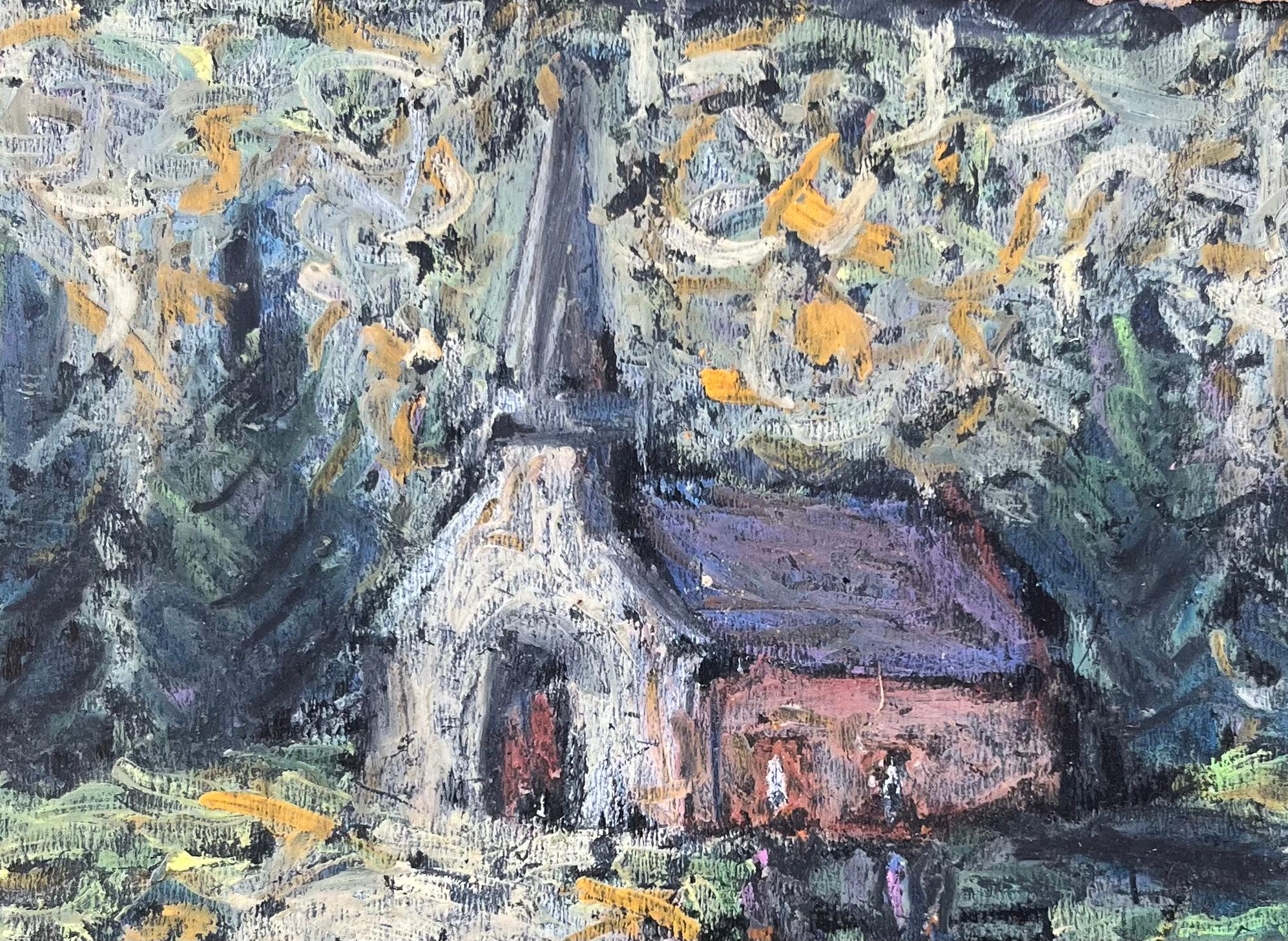 French Impressionist Oil Painting of French Chapel in a Forested Landscape For Sale 2