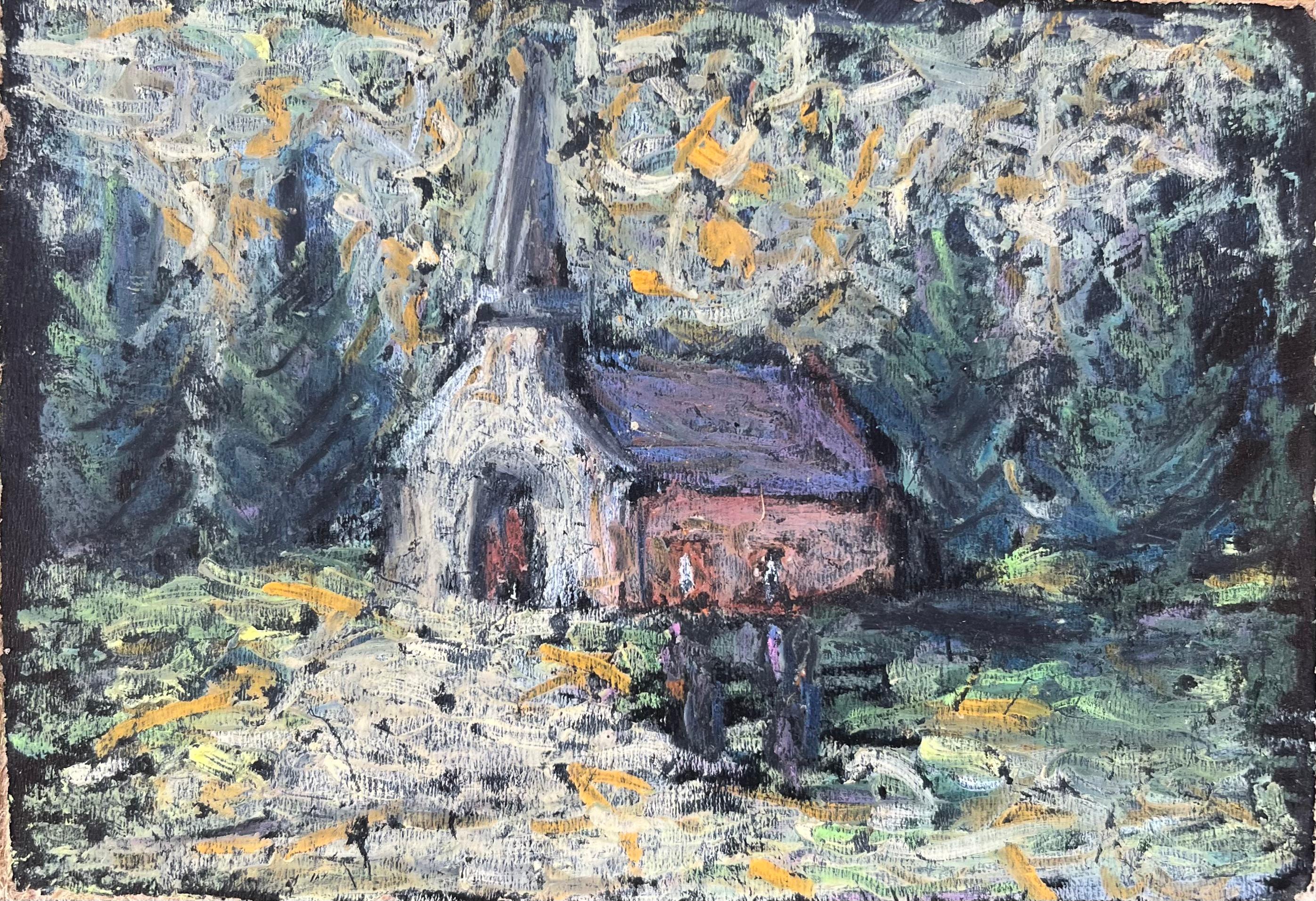 Fanch Lel Figurative Painting - French Impressionist Oil Painting of French Chapel in a Forested Landscape