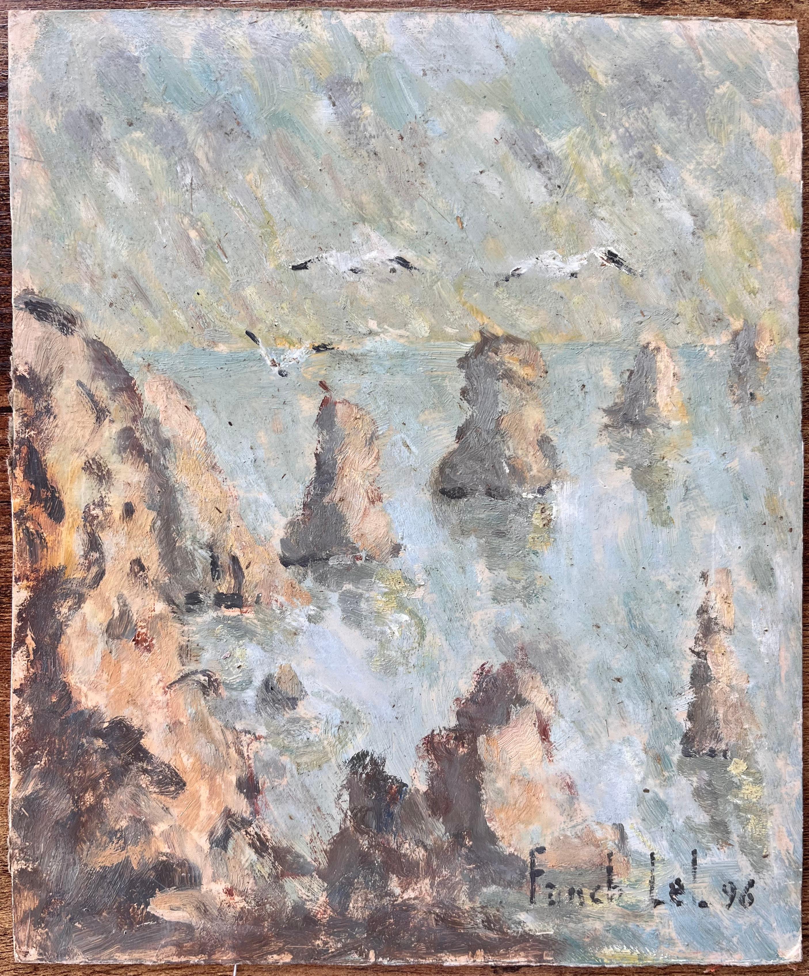 Französischer Impressionist Ölgemälde von Französisch Seelandschaft mit Möwen und Meer Stapel – Painting von Fanch Lel