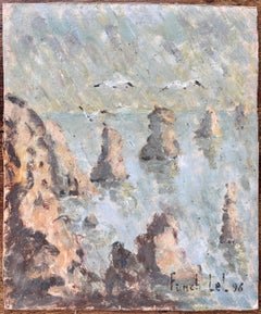 French Impressionist Oil Painting of French Seascape with Gulls and Sea Stacks