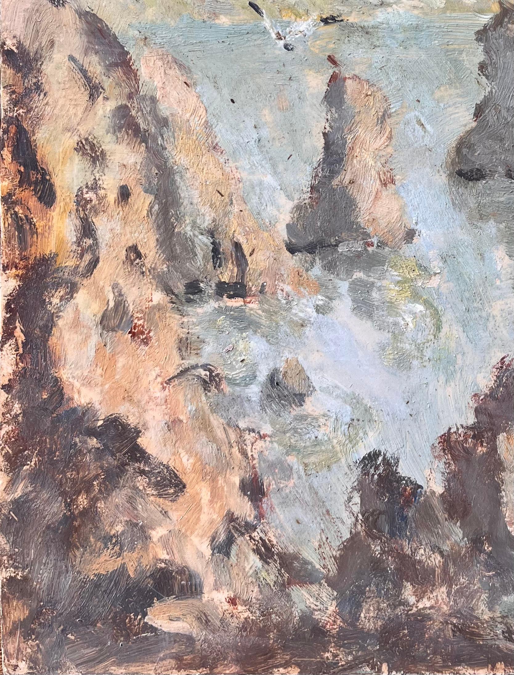 Französischer Impressionist Ölgemälde von Französisch Seelandschaft mit Möwen und Meer Stapel (Grau), Figurative Painting, von Fanch Lel