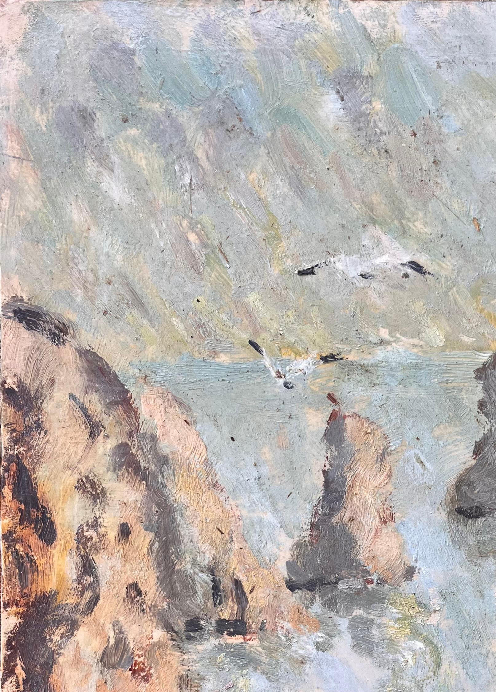Titel: Französisches impressionistisches Ölgemälde Französische Seelandschaft mit Möwen und Schornsteinen
Von Fanch Lel
Unterzeichnet: ja
Größe: 10,25 x 8,5 Zoll (Höhe x Breite)
Ölgemälde auf Karton, ungerahmt
Zustand: Das Gemälde ist in gutem