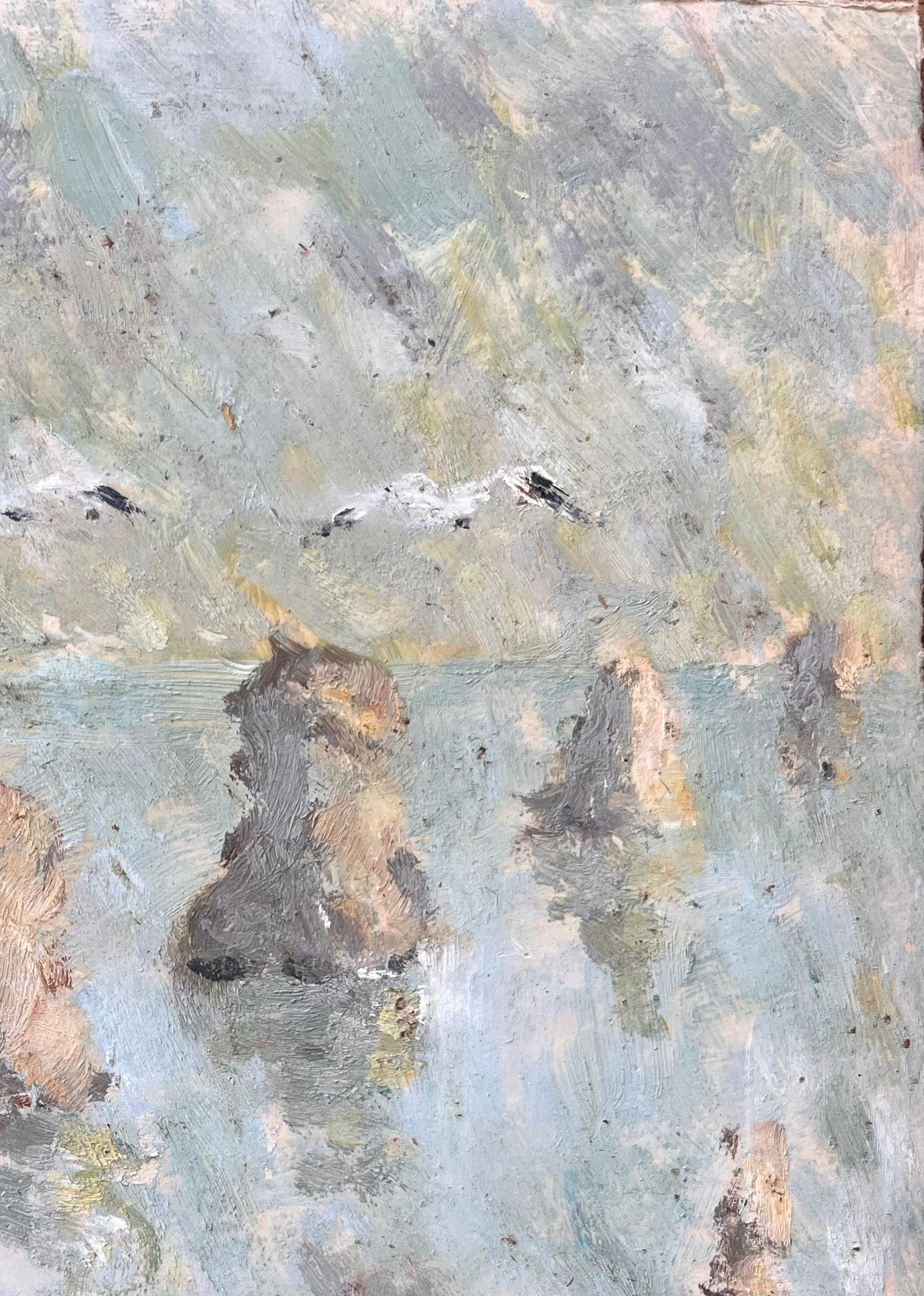 Französischer Impressionist Ölgemälde von Französisch Seelandschaft mit Möwen und Meer Stapel im Angebot 1