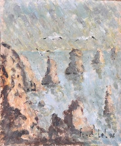French Impressionist Oil Painting of French Seascape with Gulls and Sea Stacks