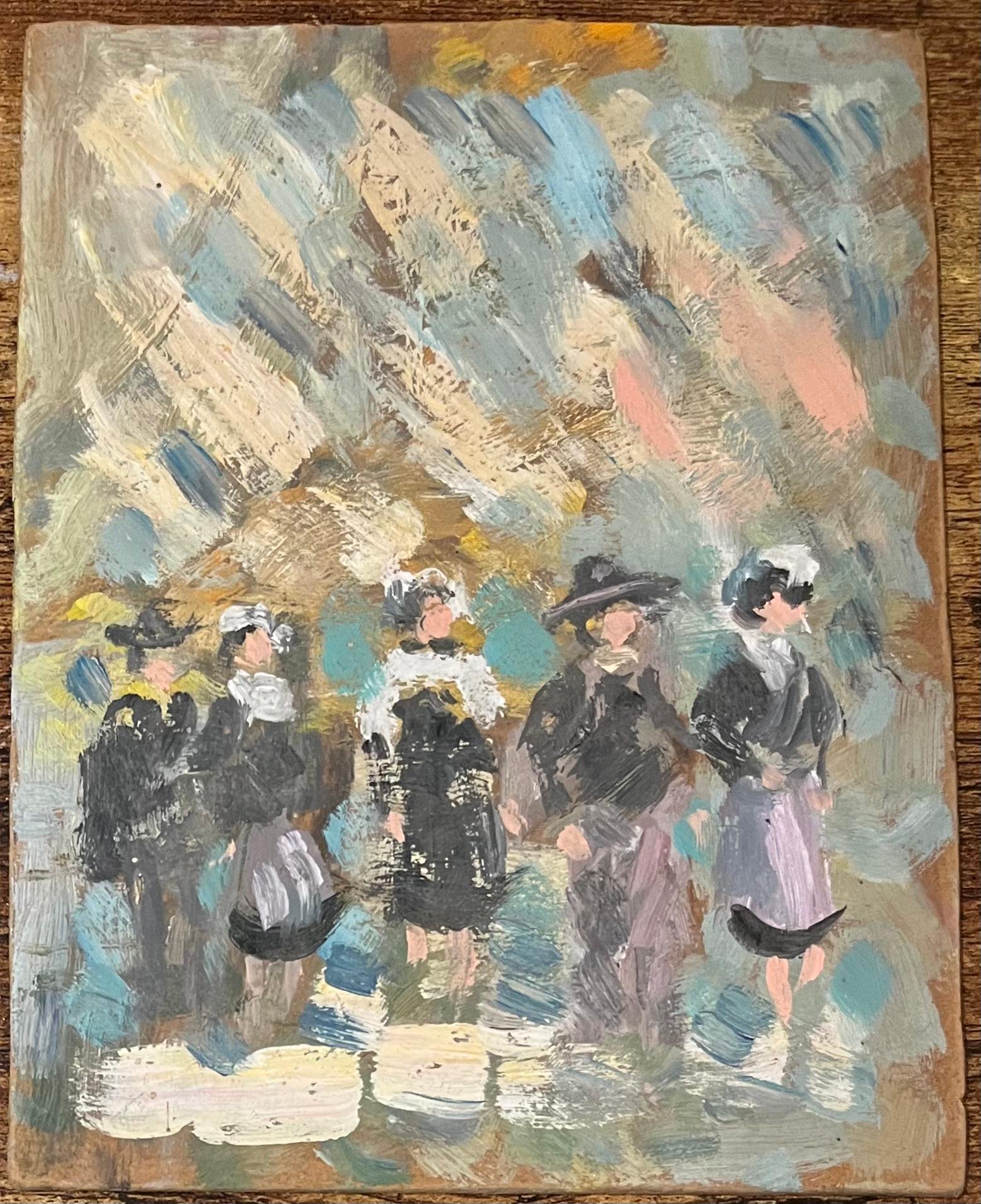 French Impressionist Oil Painting of Gathering of Breton Women in Dol-de-Bretag - Brown Figurative Painting by Fanch Lel