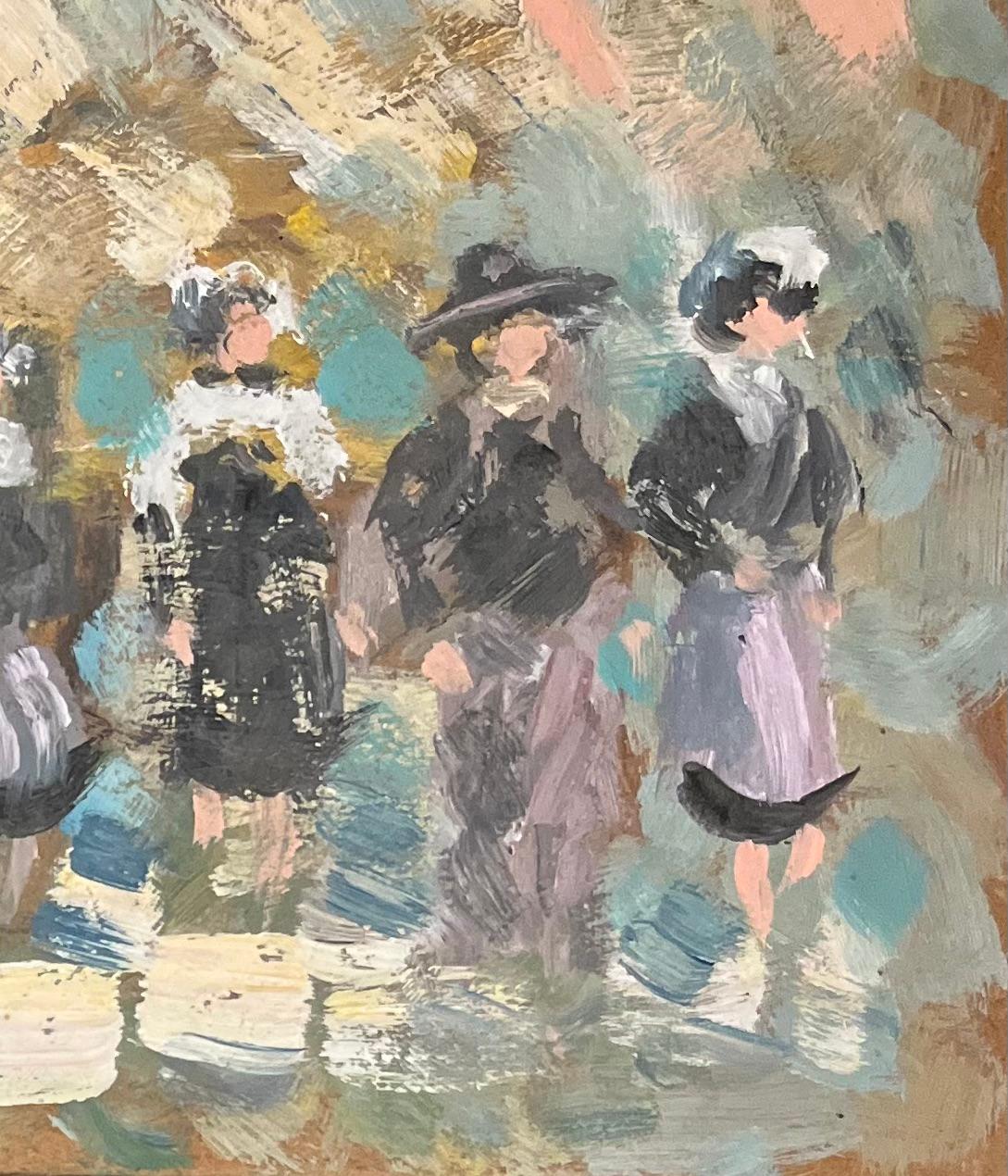 Title: French Impressionist Oil Painting of Gathering of Breton Women in Dol-de-Bretag
By Fanch Lel (French b. 1930)
Size: 8.75 x 6.75 inches (height x width)
Signed: Verso
Oil painting on board, unframed
Condition: The painting is in good