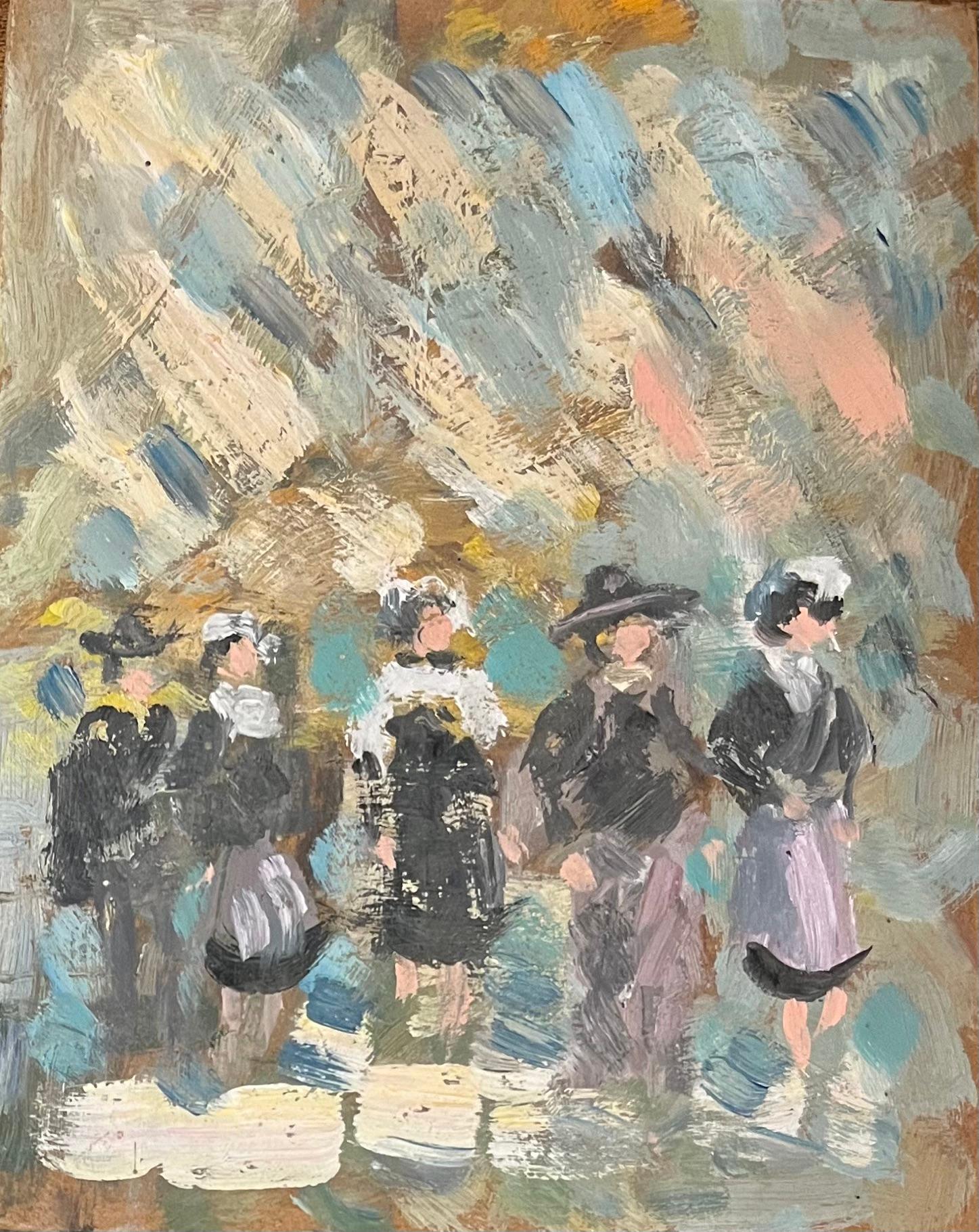 Fanch Lel Figurative Painting - French Impressionist Oil Painting of Gathering of Breton Women in Dol-de-Bretag