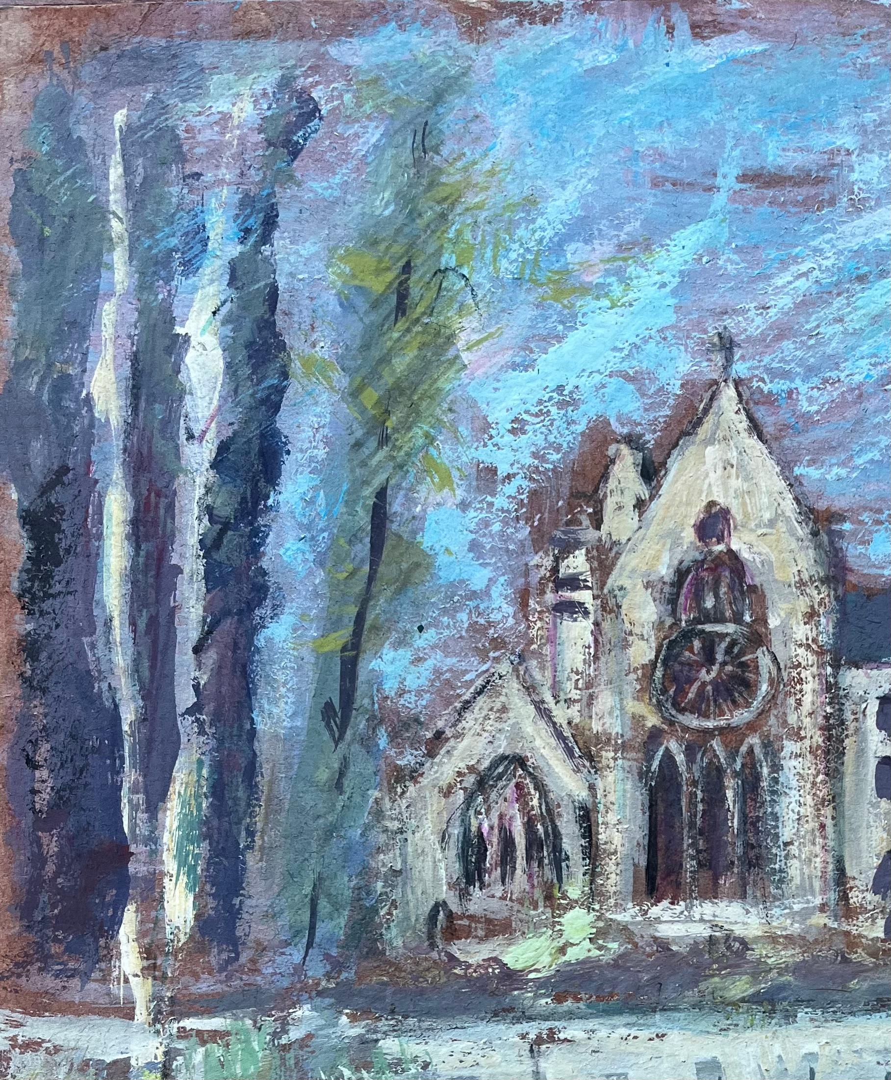 Titel: Ölgemälde eines französischen Impressionisten mit gotischer Kirche und Steinbrücke über einen Fluss
von Fanch Lel (Franzose, geb. 1930)
Größe: 13,75 Zoll (Höhe) x 10,5 Zoll (Breite)
Ölgemälde auf Karton, ungerahmt
Zustand: Das Gemälde ist in