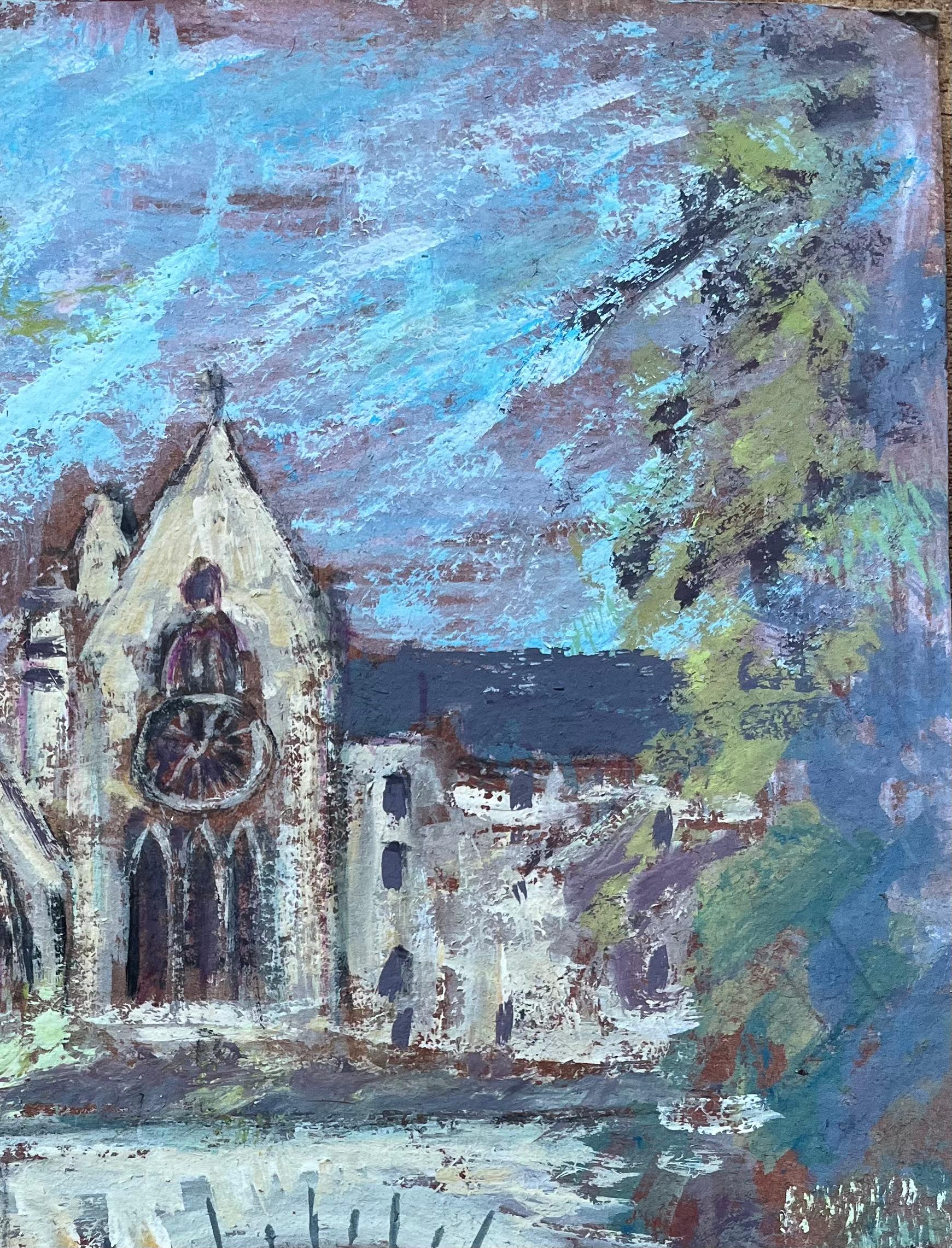 Französisch Impressionist Ölgemälde der gotischen Kirche und Steinbrücke über einen Fluss im Angebot 1
