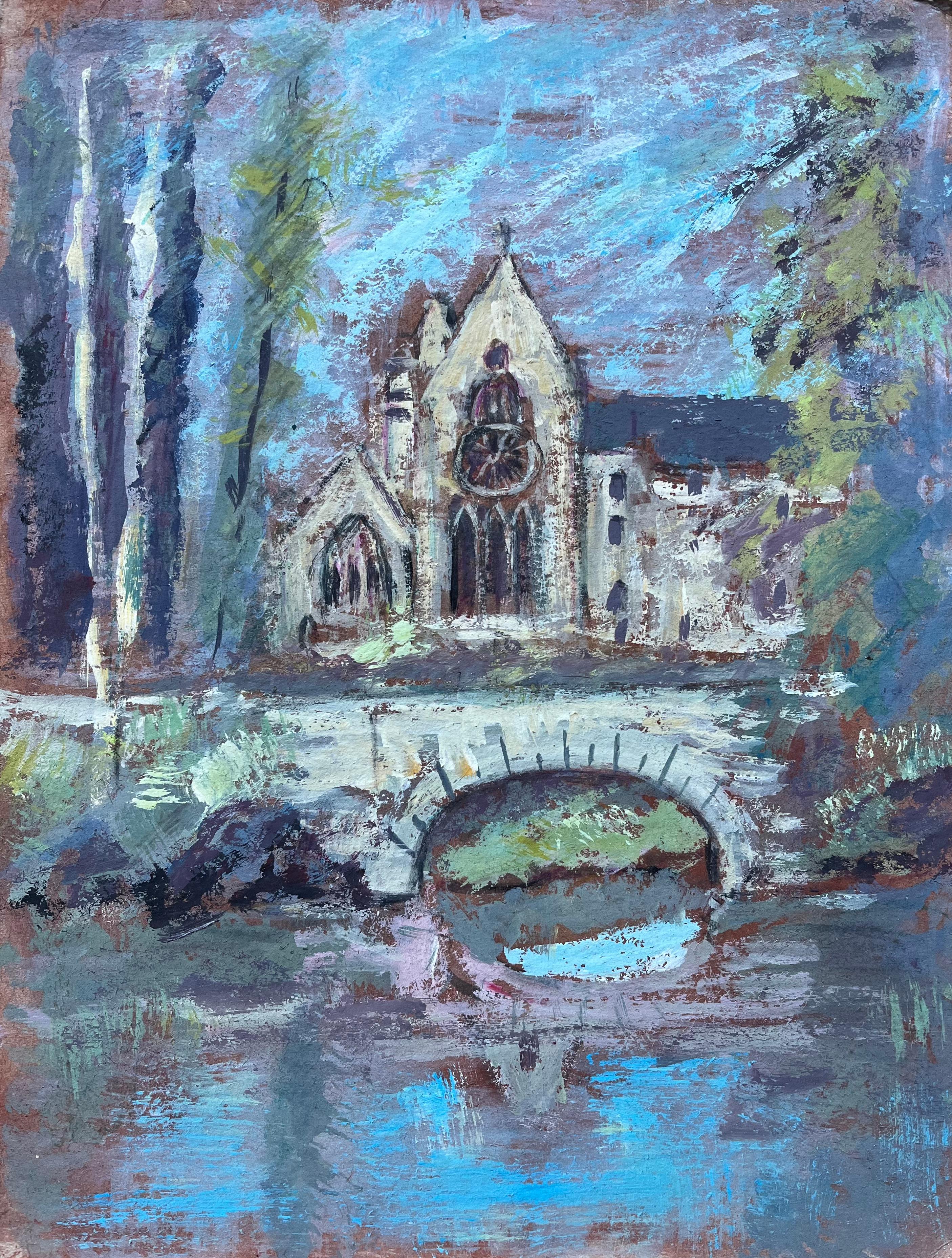 Französisch Impressionist Ölgemälde der gotischen Kirche und Steinbrücke über einen Fluss