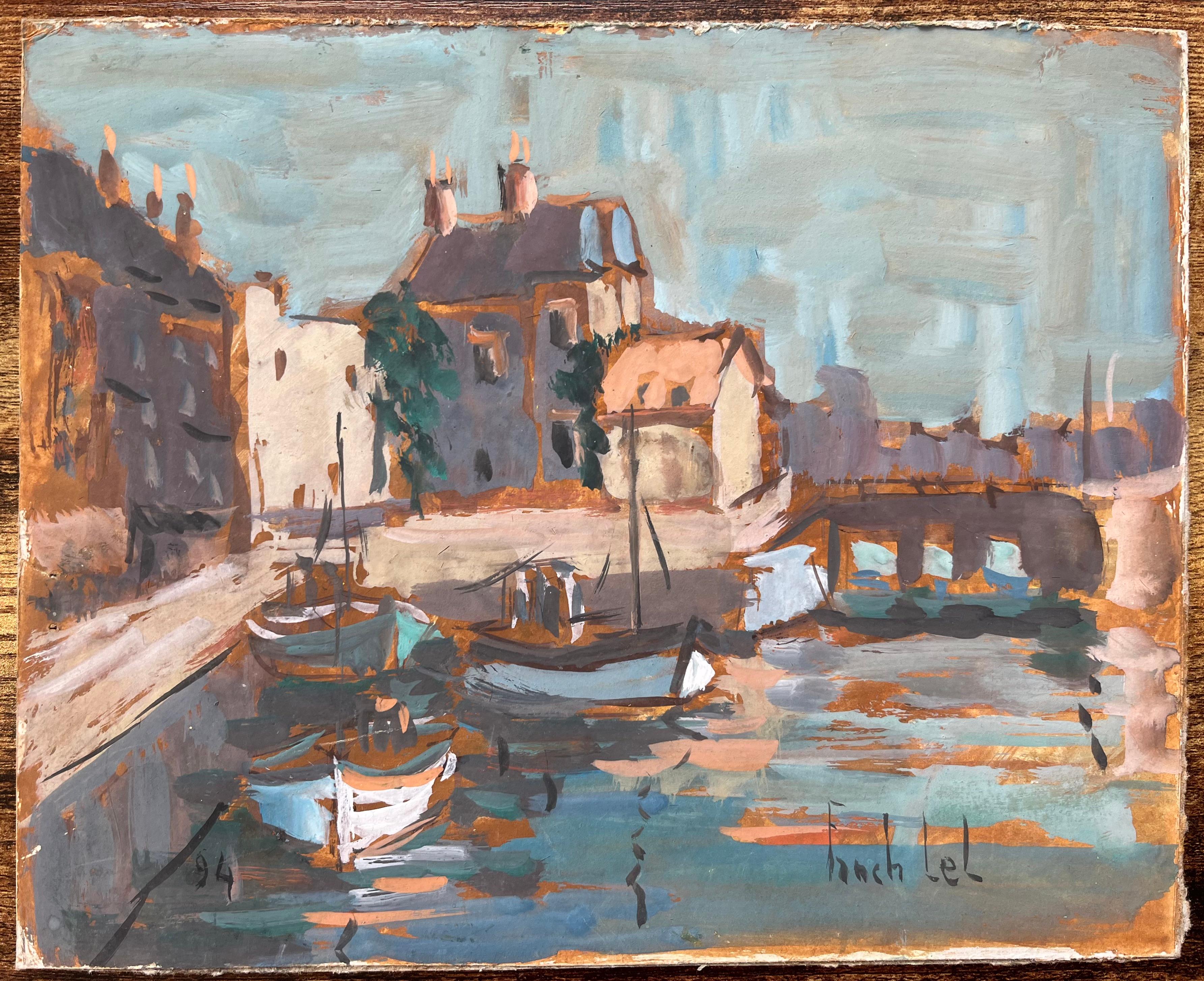 French Impressionist Oil Painting of Harbor Scene with Boats and Waterfront - Gray Figurative Painting by Fanch Lel