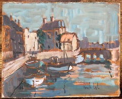 Pintura al óleo impresionista francesa de escena portuaria con barcos y muelles