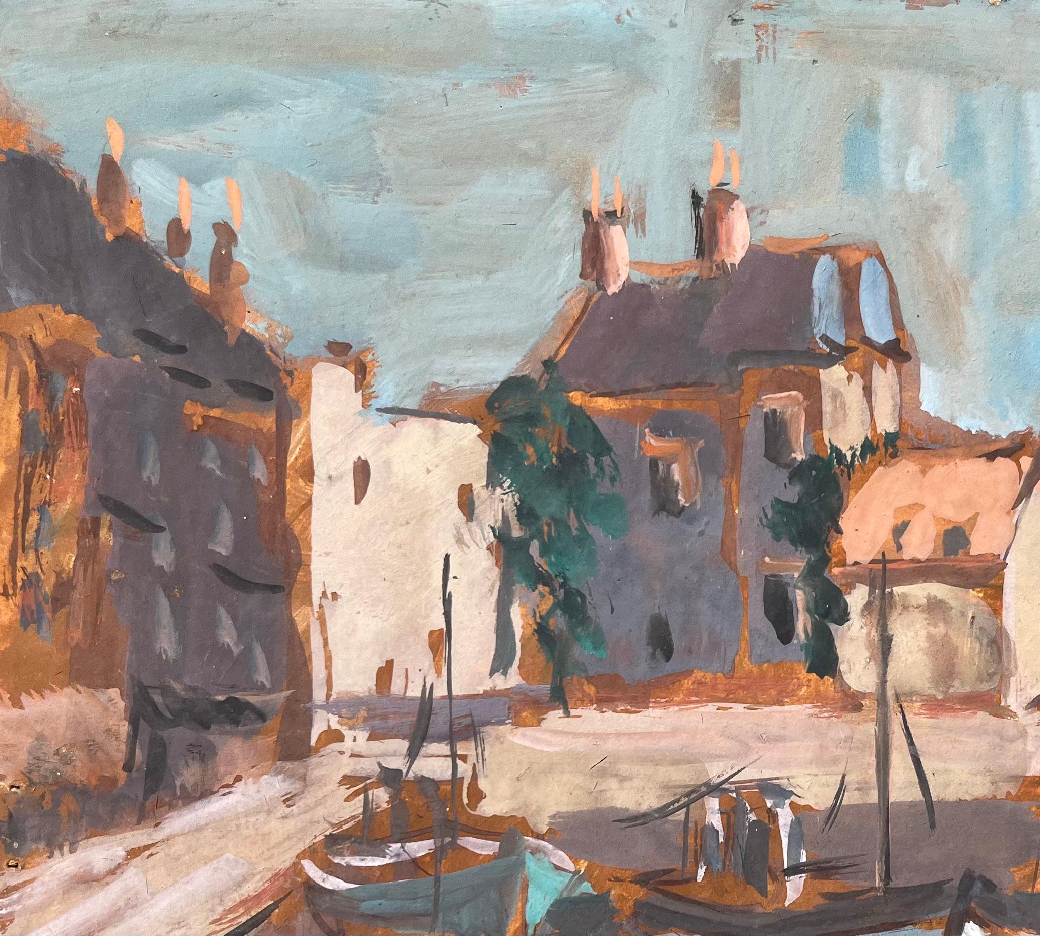 Title: French Impressionist Oil Painting of Harbor Scene with Boats and Waterfront
By Fanch Lel (French b. 1930)
Size: 8.75 x 10.75 inches (height x width)
Signed: Yes
Oil painting on card, unframed
Condition: The painting is in good condition, with