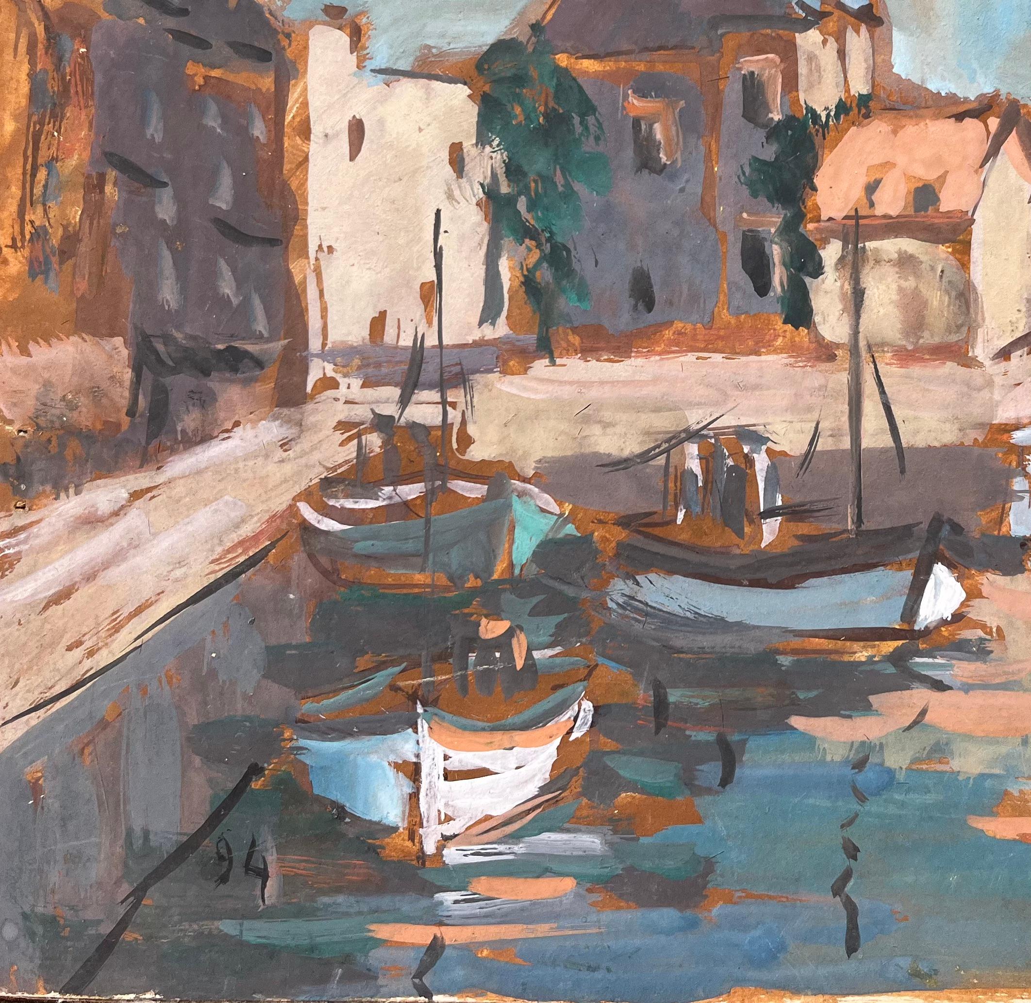 French Impressionist Oil Painting of Harbor Scene with Boats and Waterfront For Sale 1