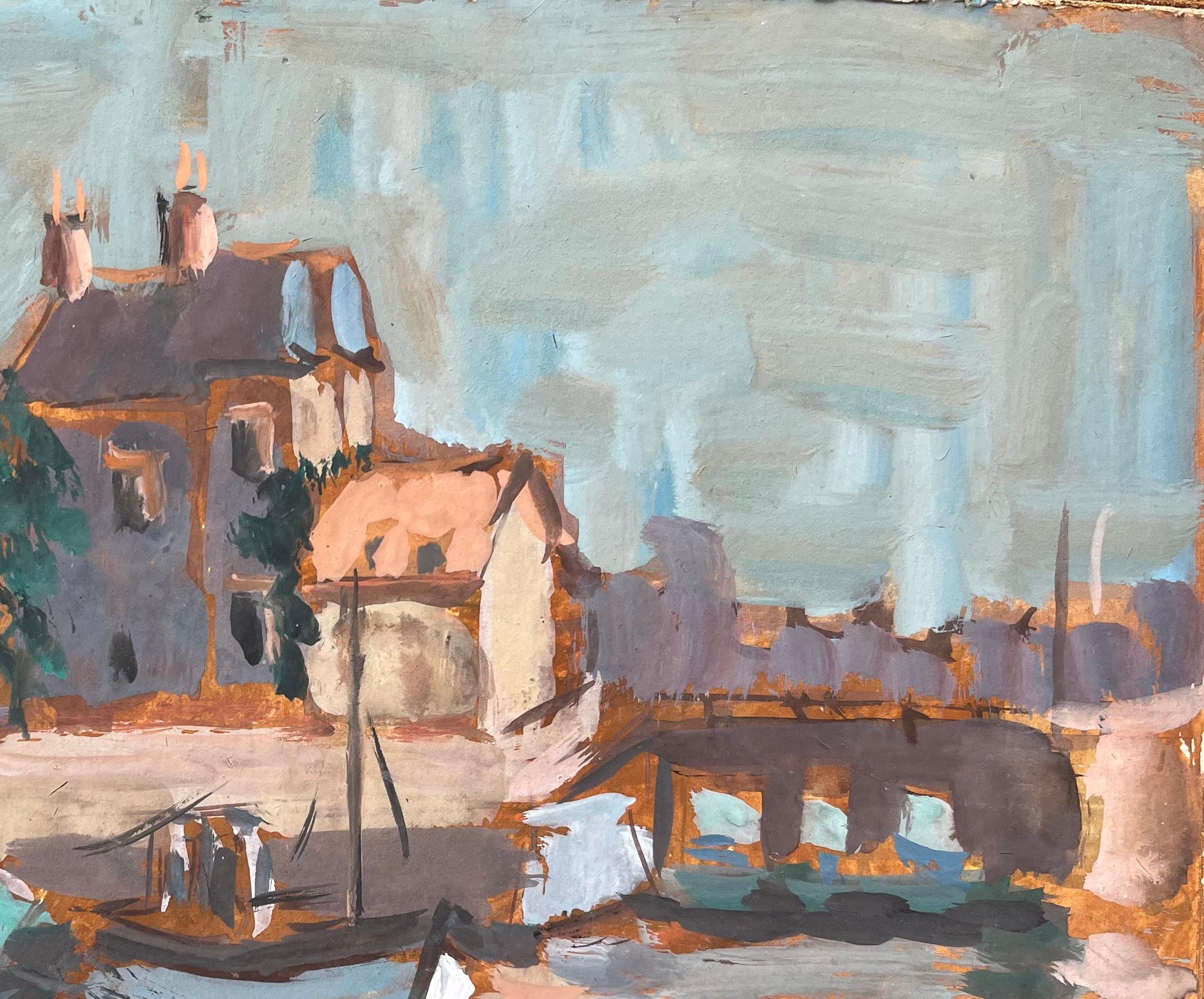 French Impressionist Oil Painting of Harbor Scene with Boats and Waterfront For Sale 2