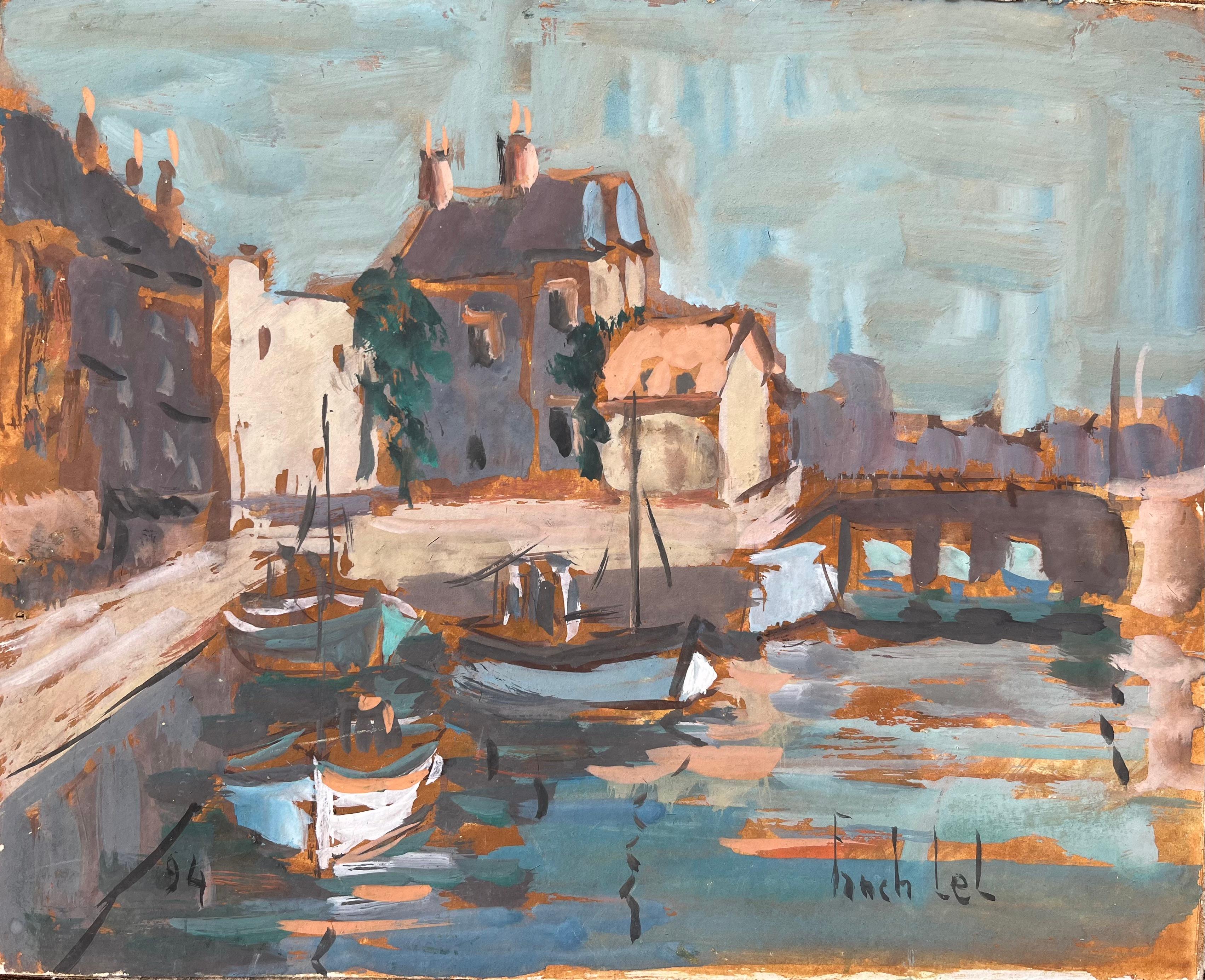 Fanch Lel Figurative Painting - French Impressionist Oil Painting of Harbor Scene with Boats and Waterfront