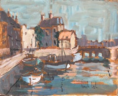 Peinture à l'huile impressionniste française d'une scène de port avec bateaux et bord de mer