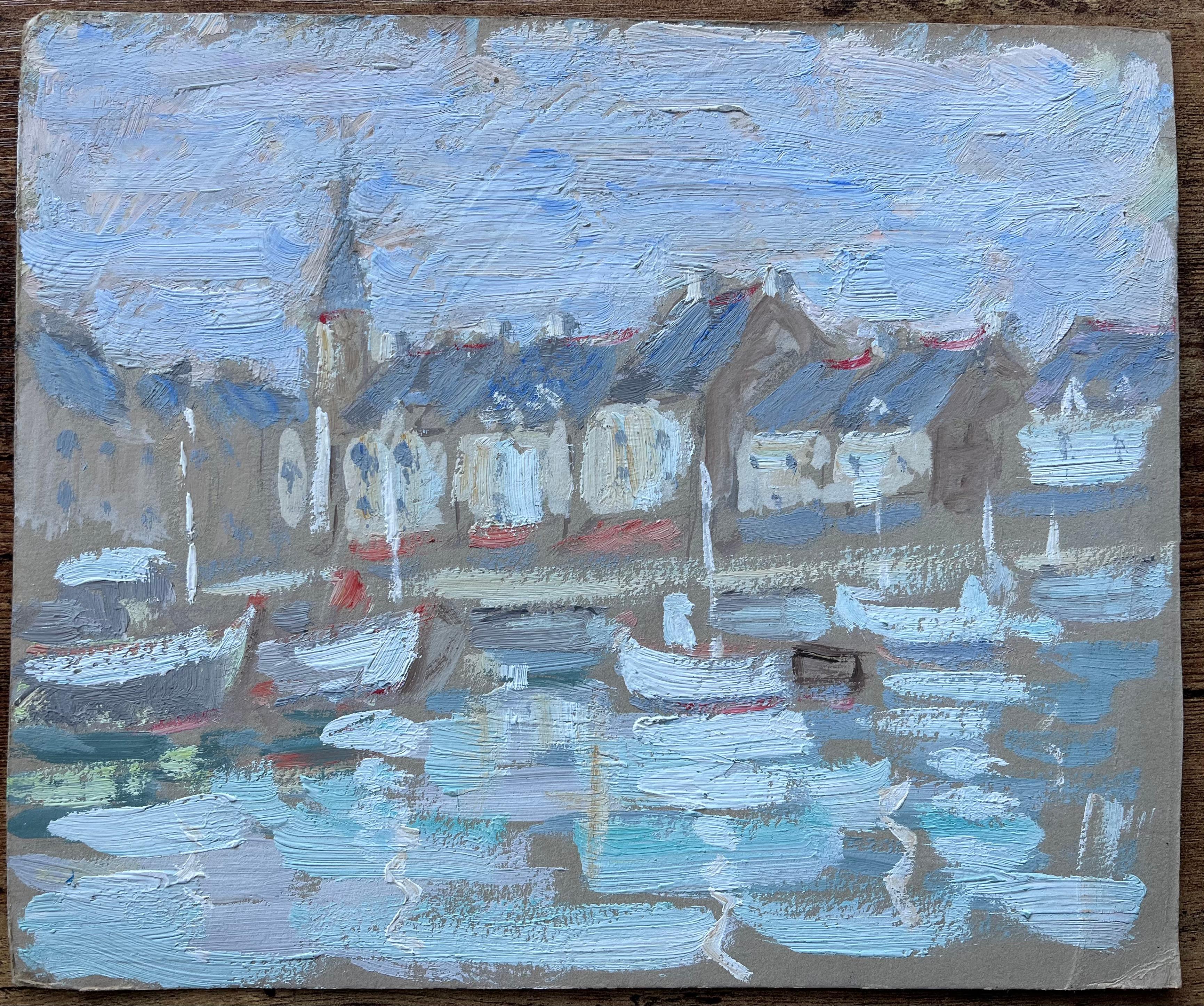 Französisches impressionistisches Ölgemälde von Hafenbooten und Dorf Rooftops, Impressionismus – Painting von Fanch Lel
