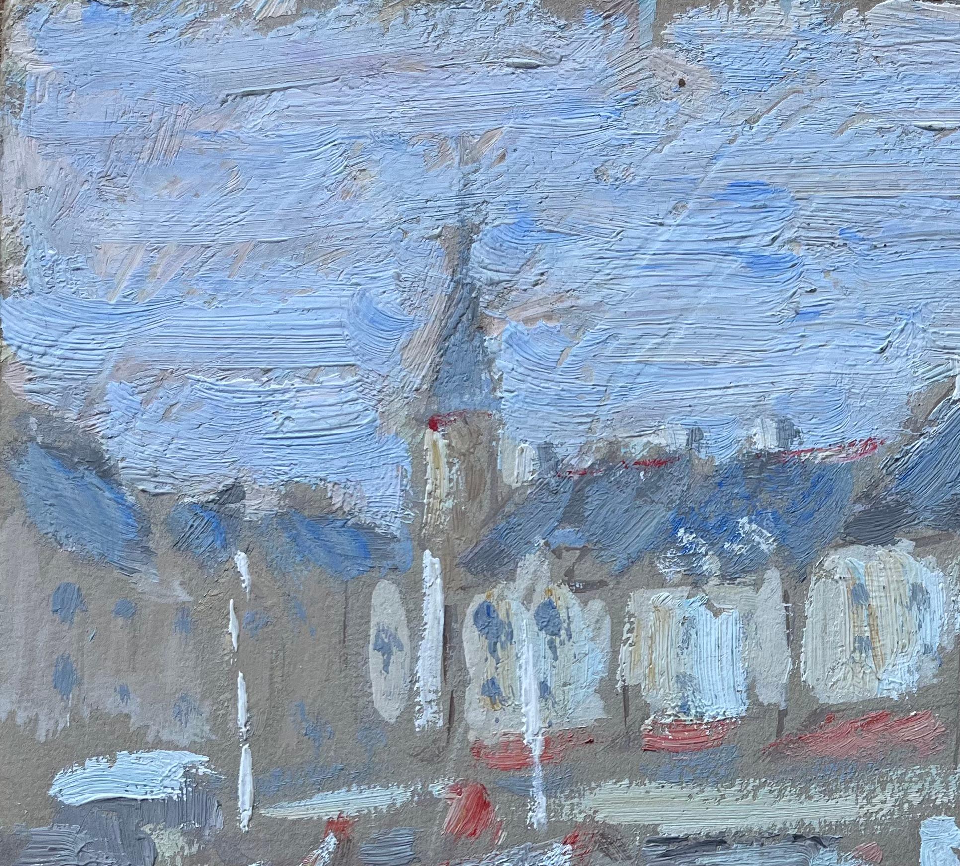 Französisches impressionistisches Ölgemälde von Hafenbooten und Dorf Rooftops, Impressionismus (Blau), Figurative Painting, von Fanch Lel