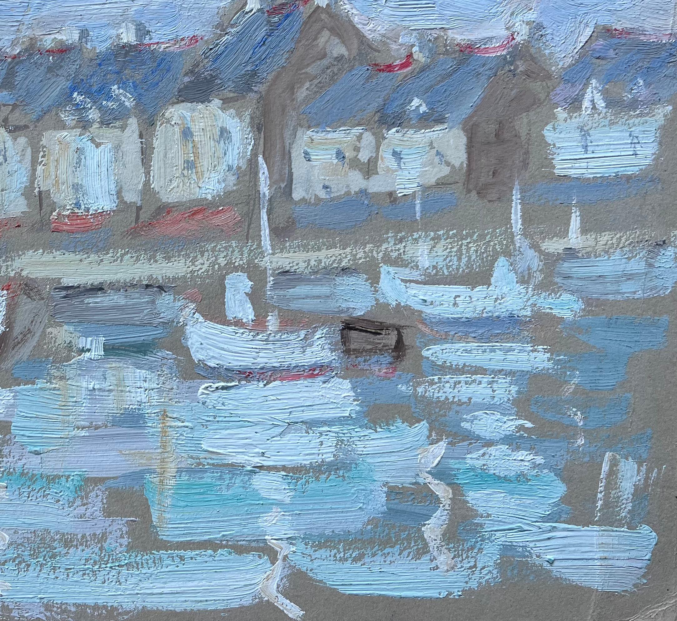 Französisches impressionistisches Ölgemälde von Hafenbooten und Dorf Rooftops, Impressionismus im Angebot 1