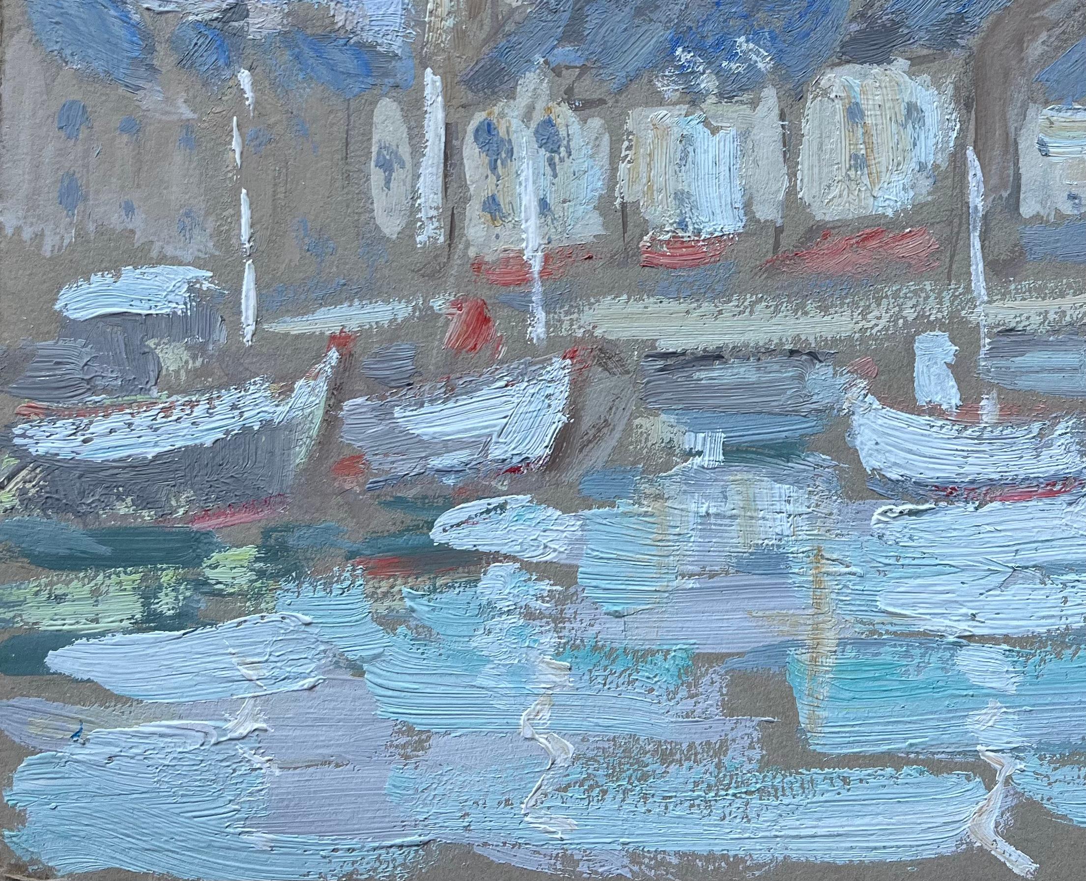 Französisches impressionistisches Ölgemälde von Hafenbooten und Dorf Rooftops, Impressionismus im Angebot 2