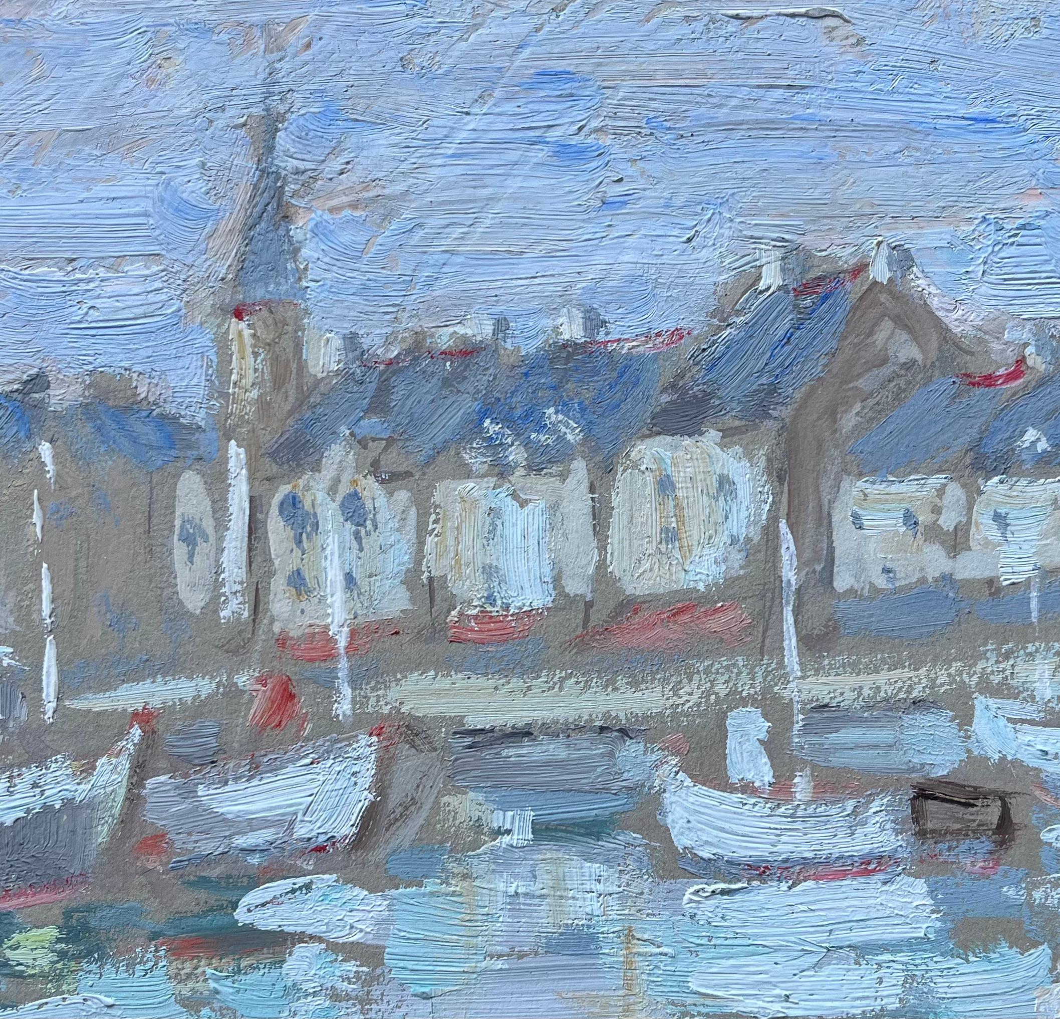 Französisches impressionistisches Ölgemälde von Hafenbooten und Dorf Rooftops, Impressionismus im Angebot 3