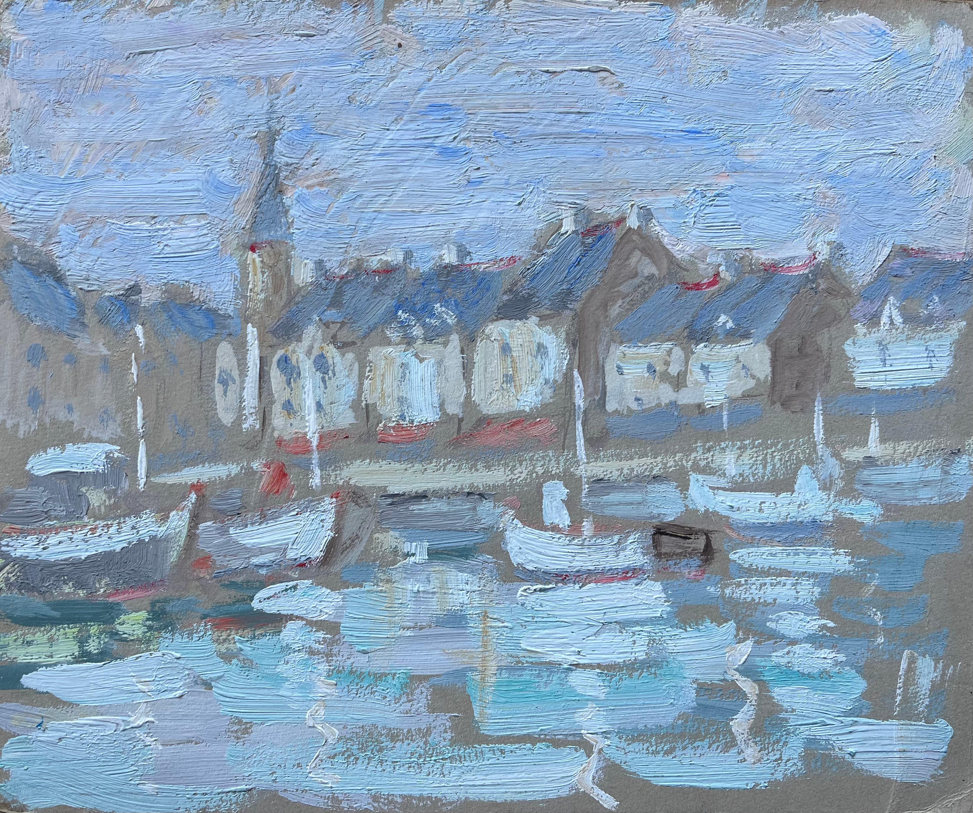 Peinture à l'huile impressionniste française représentant des bateaux de port et des coqs de village