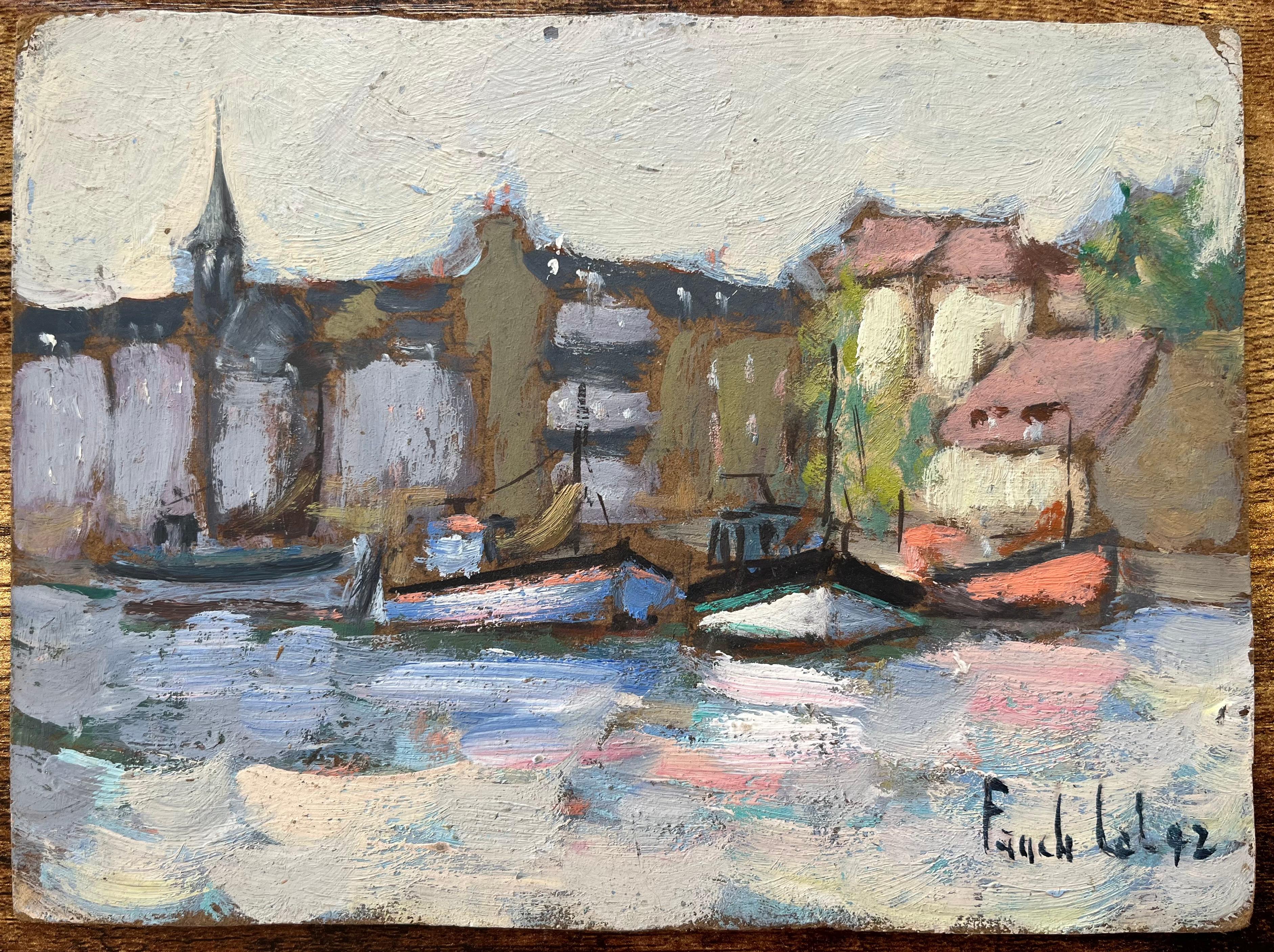 Pittura a olio impressionista francese con scena del porto di Honfleur - Painting di Fanch Lel