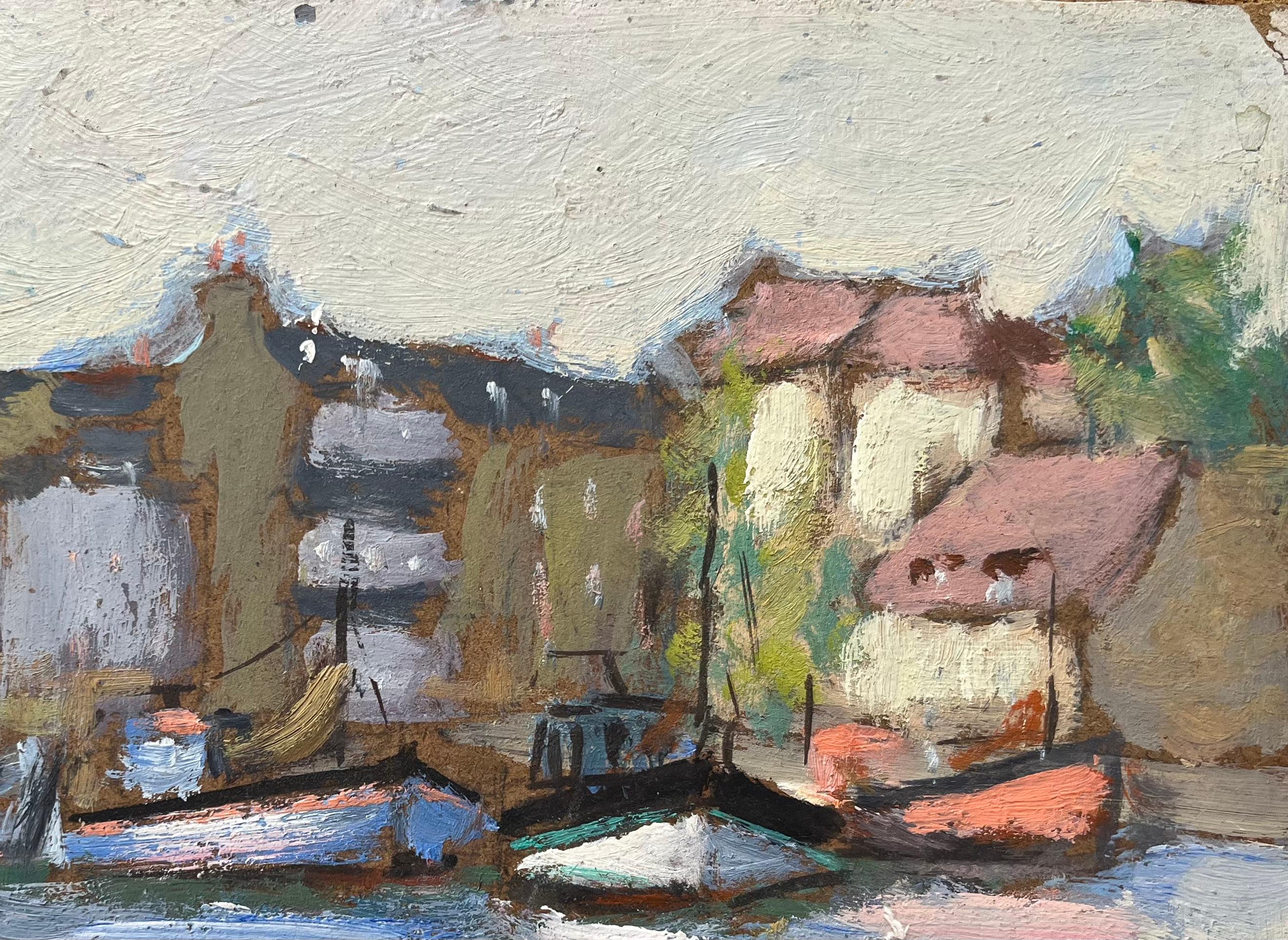 Pittura a olio impressionista francese con scena del porto di Honfleur - Painting Impressionismo di Fanch Lel