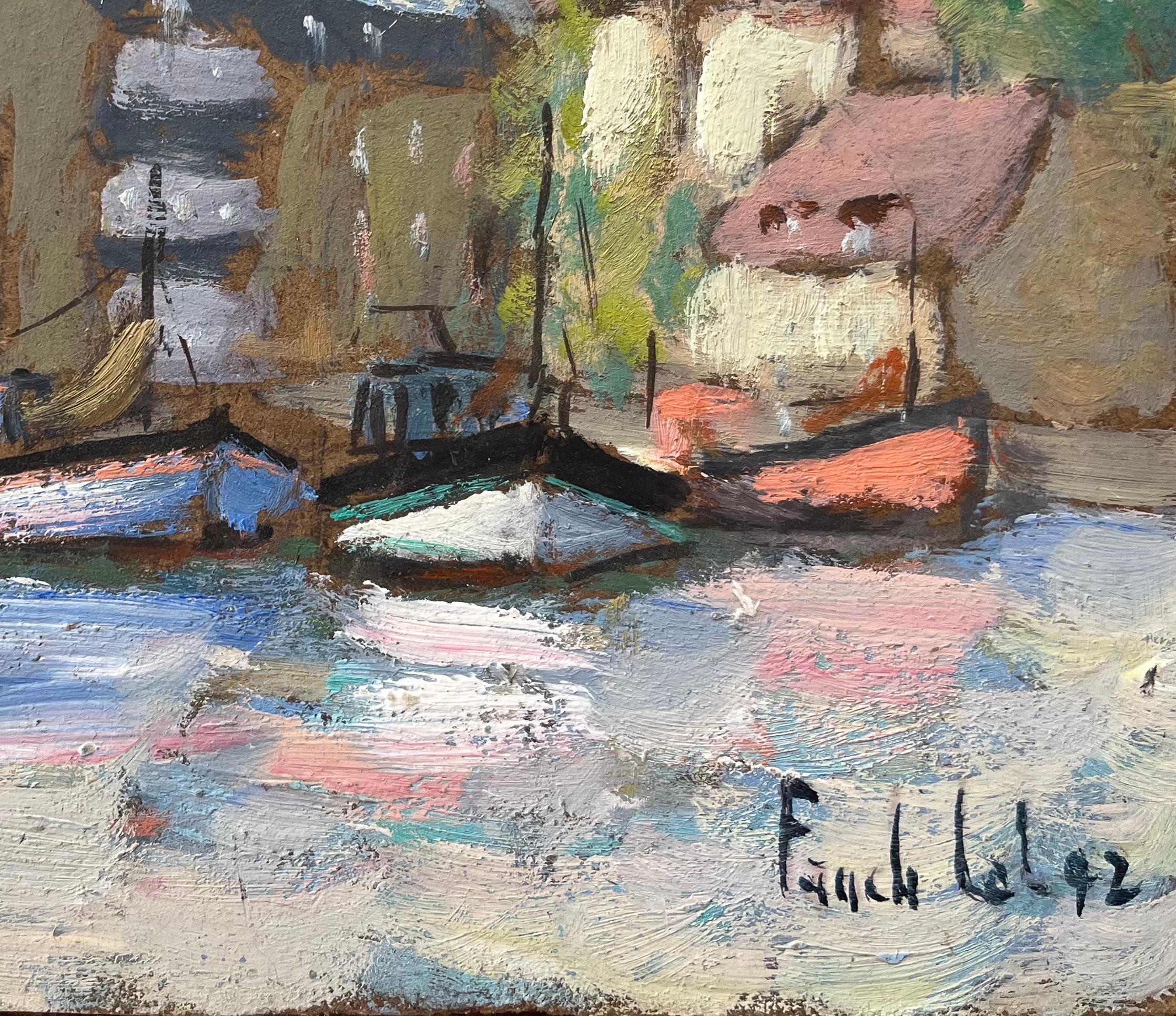 Pittura a olio impressionista francese con scena del porto di Honfleur - Landscape Painting Grigio di Fanch Lel