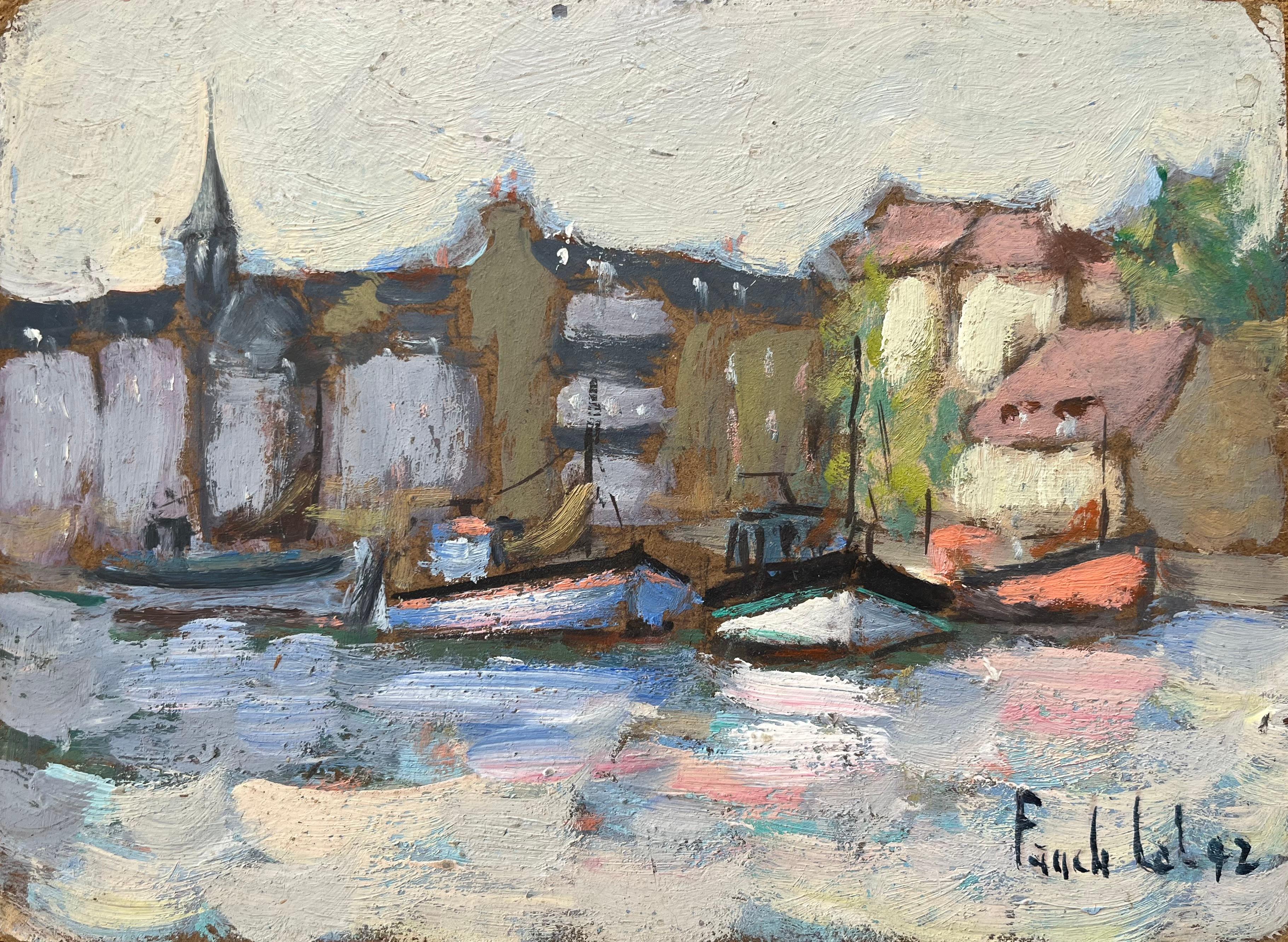 Landscape Painting di Fanch Lel - Pittura a olio impressionista francese con scena del porto di Honfleur