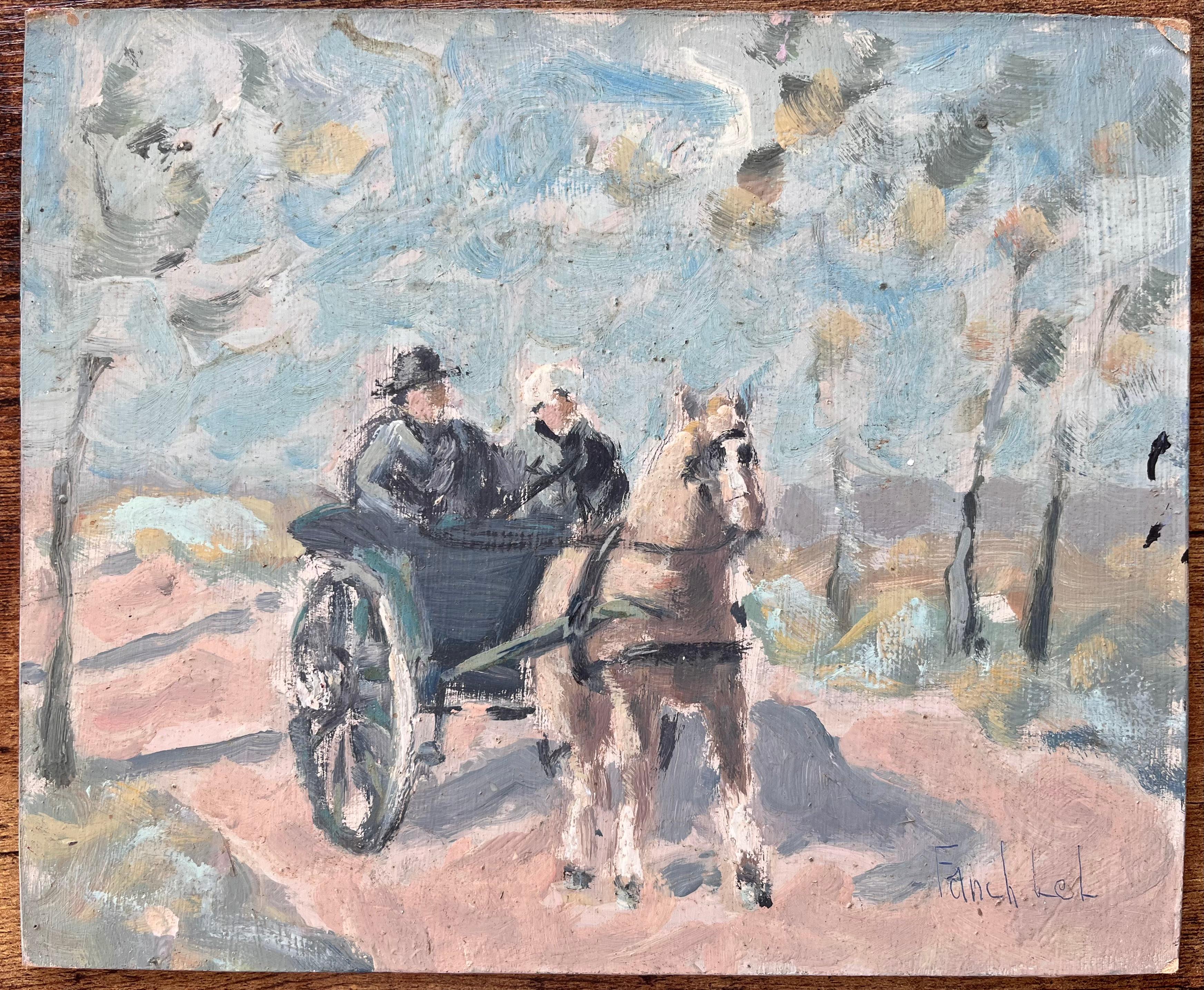 Peinture à l'huile impressionniste française représentant une promenade à cheval et en calèche dans la campagne - Painting de Fanch Lel