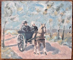 Peinture à l'huile impressionniste française représentant une promenade à cheval et en calèche dans la campagne