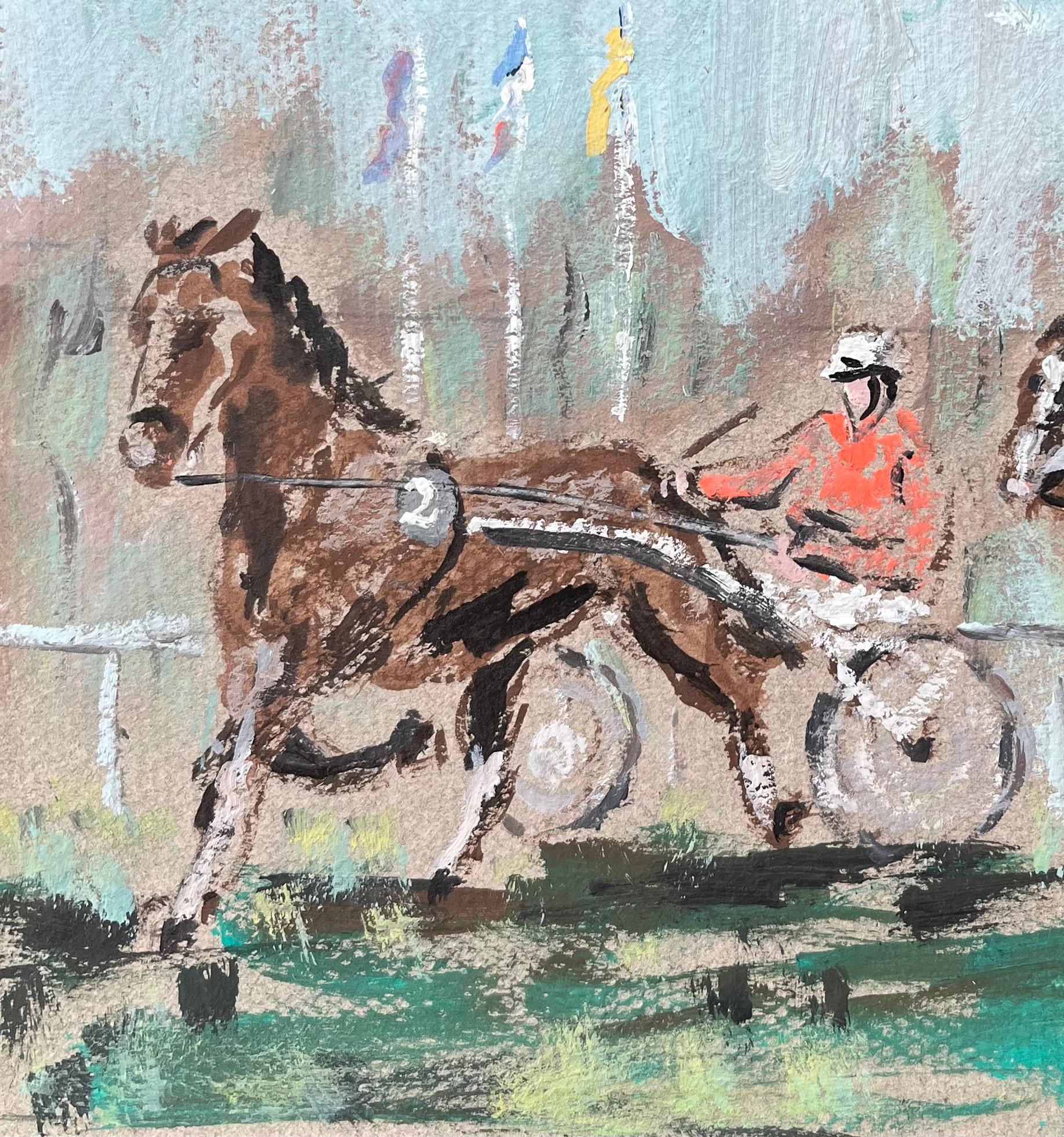 Dipinto a olio impressionista francese con corse di cavalli a Courses de Marville - Figurative Painting Grigio di Fanch Lel