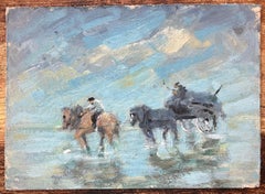 Französisch Impressionist Ölgemälde von Reitern und Wagen auf dem Strand