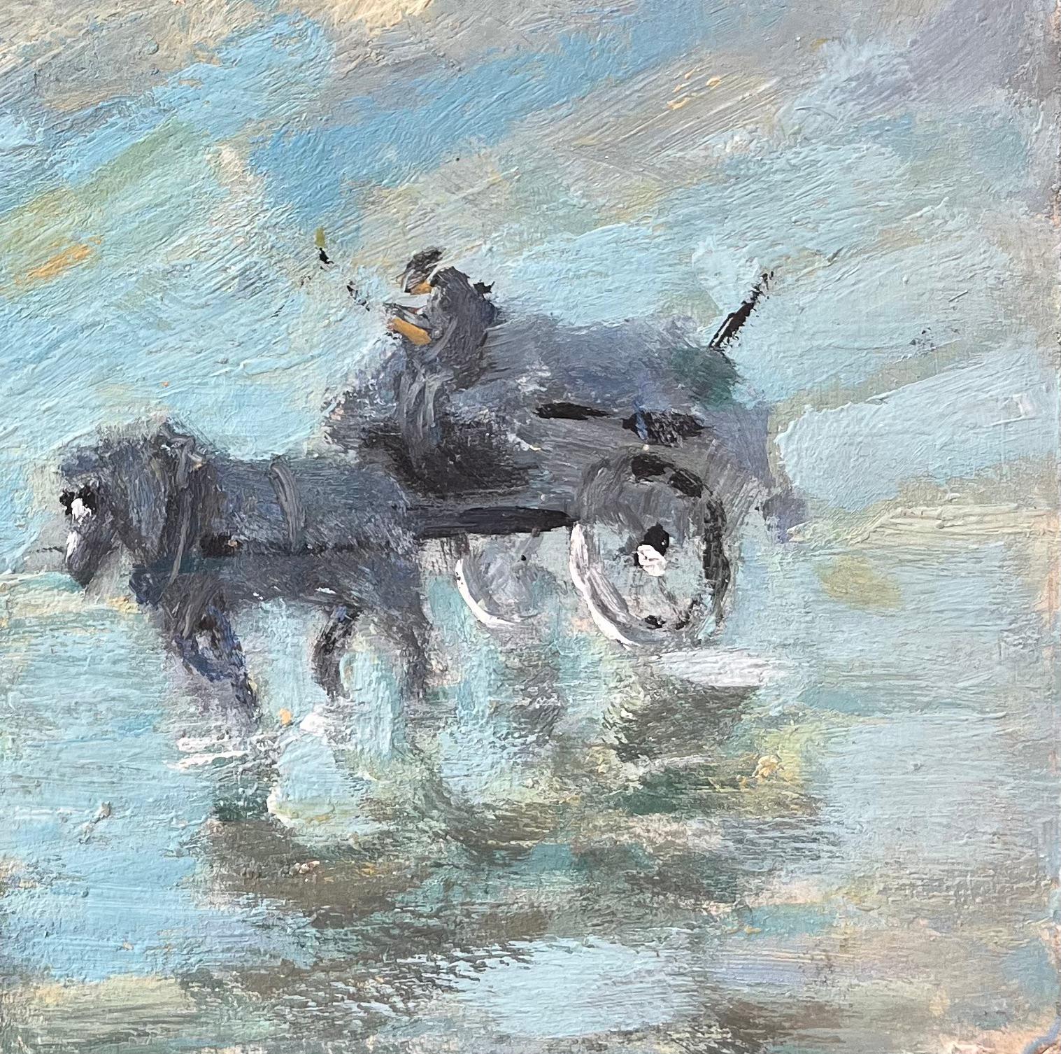 Französisch Impressionist Ölgemälde von Reitern und Wagen auf dem Strand (Impressionismus), Painting, von Fanch Lel