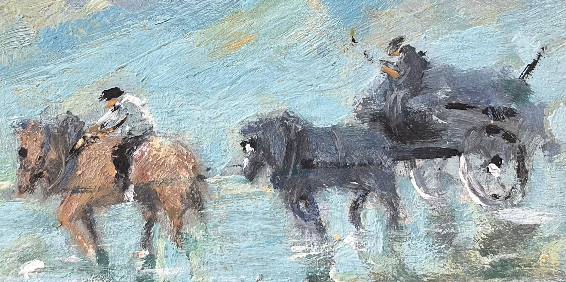 Titel: Französischer Impressionist Ölgemälde von Reitern und Wagen am Strand
Von Fanch Lel (Franzose, geb. 1930)
Größe: 7,75 x 10,75 Zoll (Höhe x Breite)
Ölgemälde auf Karton, ungerahmt
Zustand: Das Gemälde ist in gutem Zustand, mit leichten