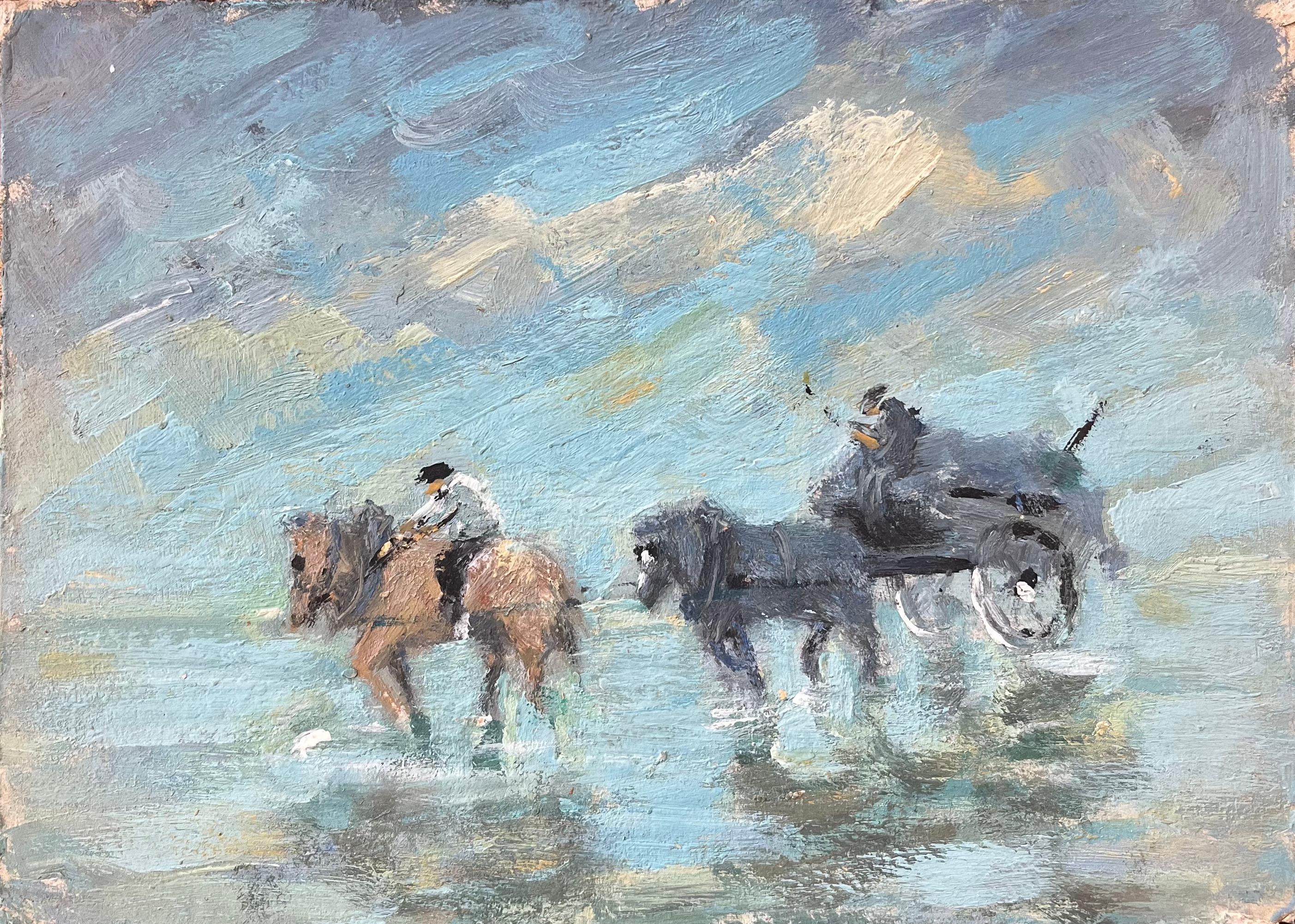 Peinture à l'huile impressionniste française représentant des chevaux et un chariot sur la plage