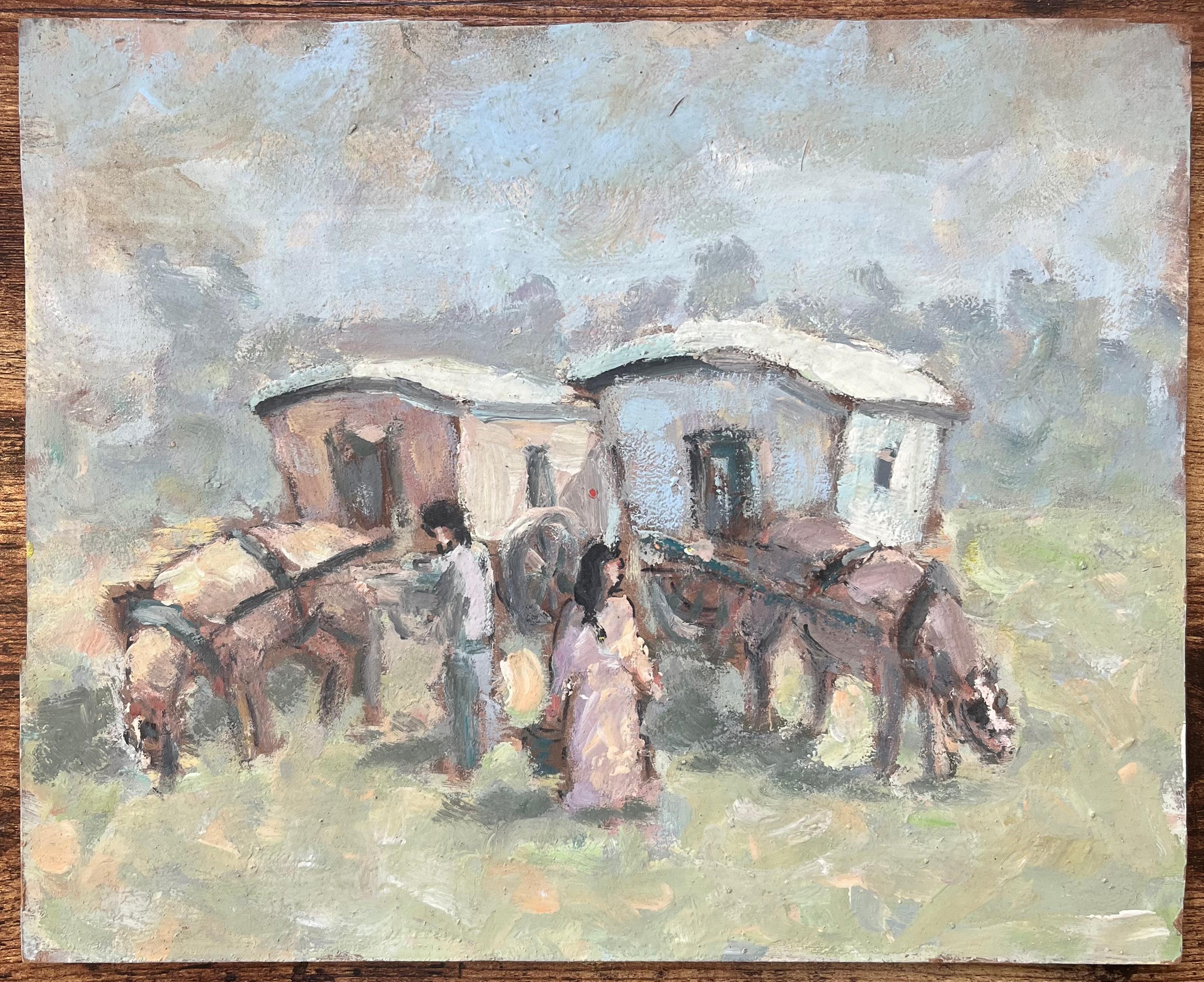 Óleo Impresionista Francés de Caballos y Caravanas en Escena Pastoral - Painting de Fanch Lel