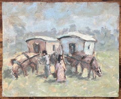 Dipinto a olio impressionista francese con cavalli e carovane in una scena pastorale